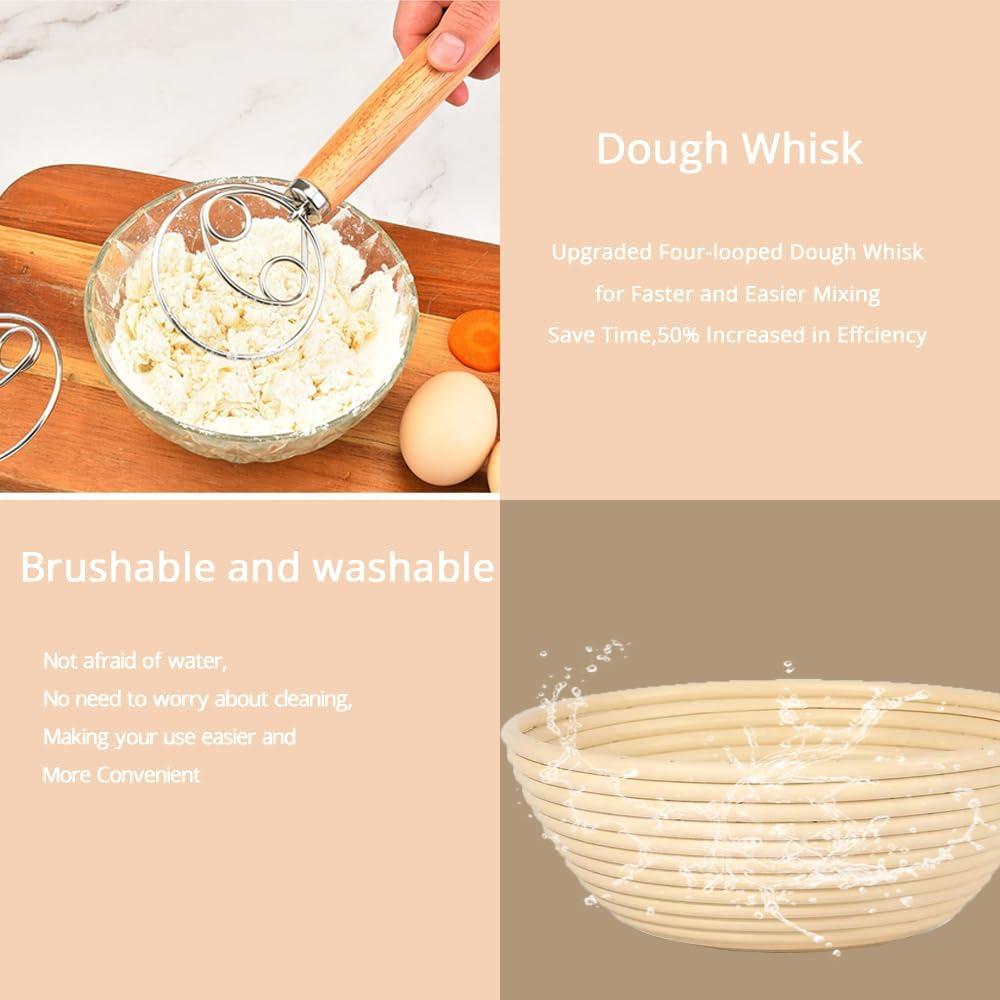 Bread Banneton Proofing Basket Set Of 2, 9 Inch Round & 10 Oval Cane Sourdough Baskets With Lame + Dough Scraper Linen Liner Basting Brush For Making Baking Fermentation