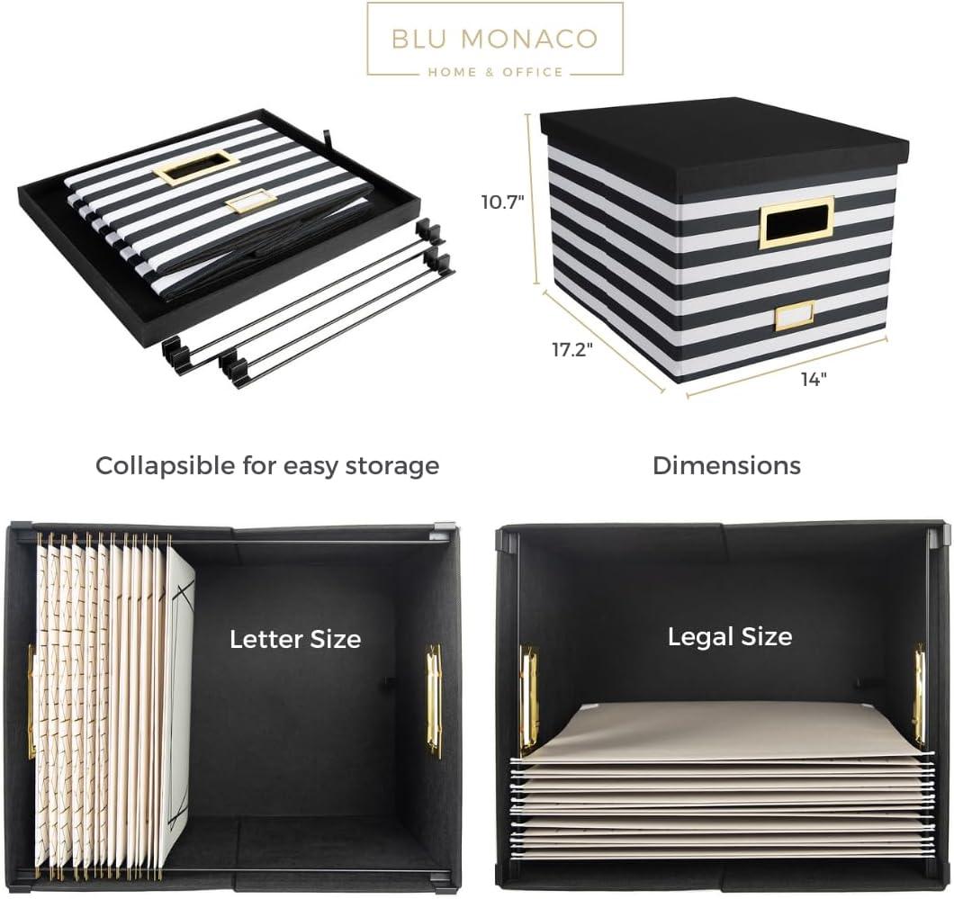 BLU MONACO Paper Organizer Storage, Portable File Box With Handle, Decorative Hanging File Box With Lid, Black and White Striped Legal-Letter Size File Folder Organizer