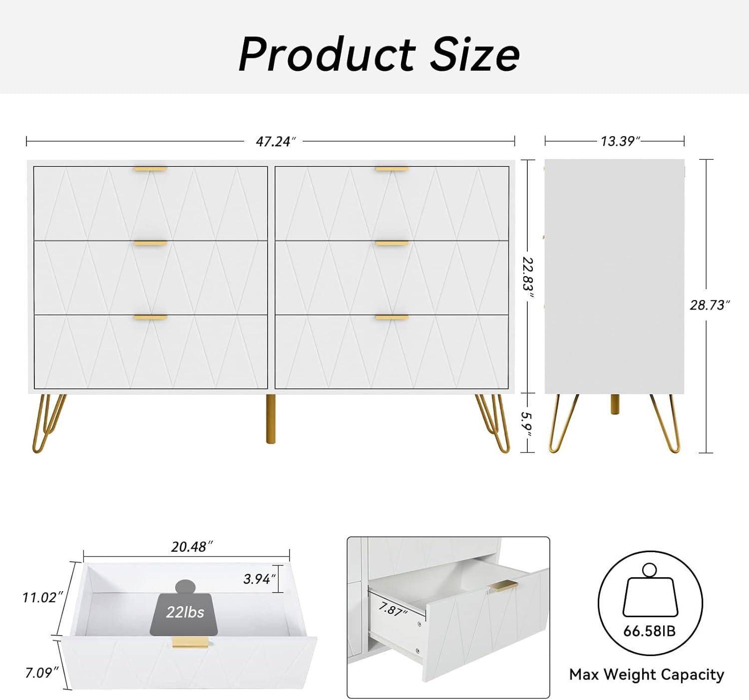 UEV Large White 6 Drawer Dresser,Modern Dresser Chest with Wide Drawers and Metal Handles,Wood Storage Chest of Drawers for Bedroom,Hallway,Entryway (White, Large 6 Drawer)