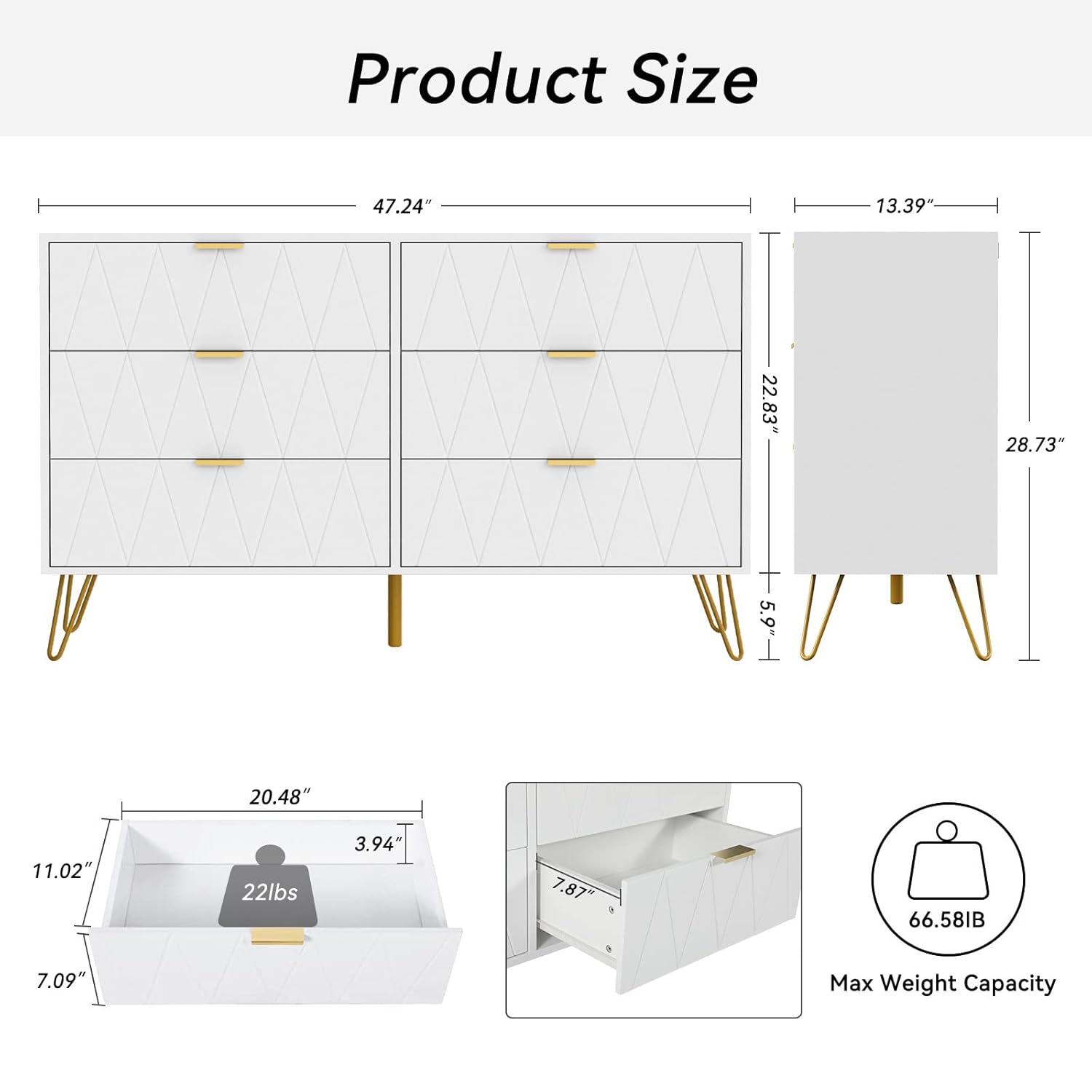 UEV Large White 6 Drawer Dresser,Modern Dresser Chest with Wide Drawers and Metal Handles,Wood Storage Chest of Drawers for Bedroom,Hallway,Entryway (White, Large 6 Drawer)