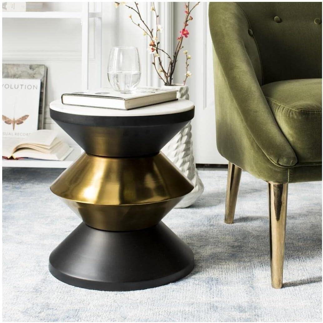 SAFAVIEH Azizi Round Stone Top Glam Side Table, Stone/Black Gold