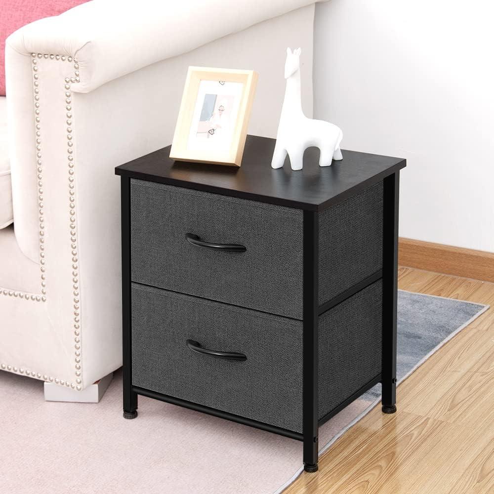 TCT Storage Dresser End/Side Table Night Stand Furniture Unit - Small Standing Organizer for Bedroom, Office, Living Room, and Closet - 2 Drawer Removable Fabric Bins - Dark Grey
