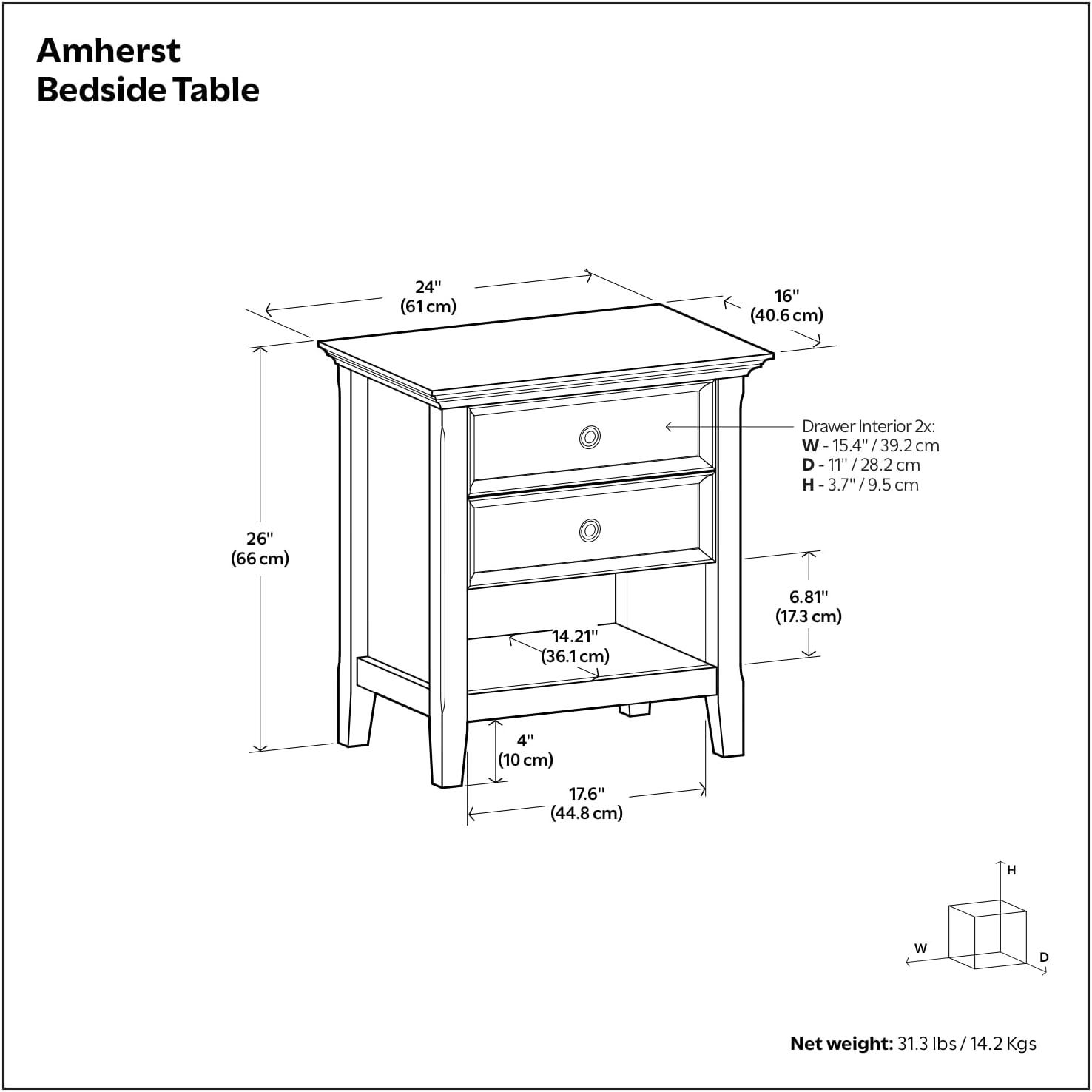 Simpli Home Amherst 24"W 2-Drawer Solid Wood Nightstand with Open Shelf
