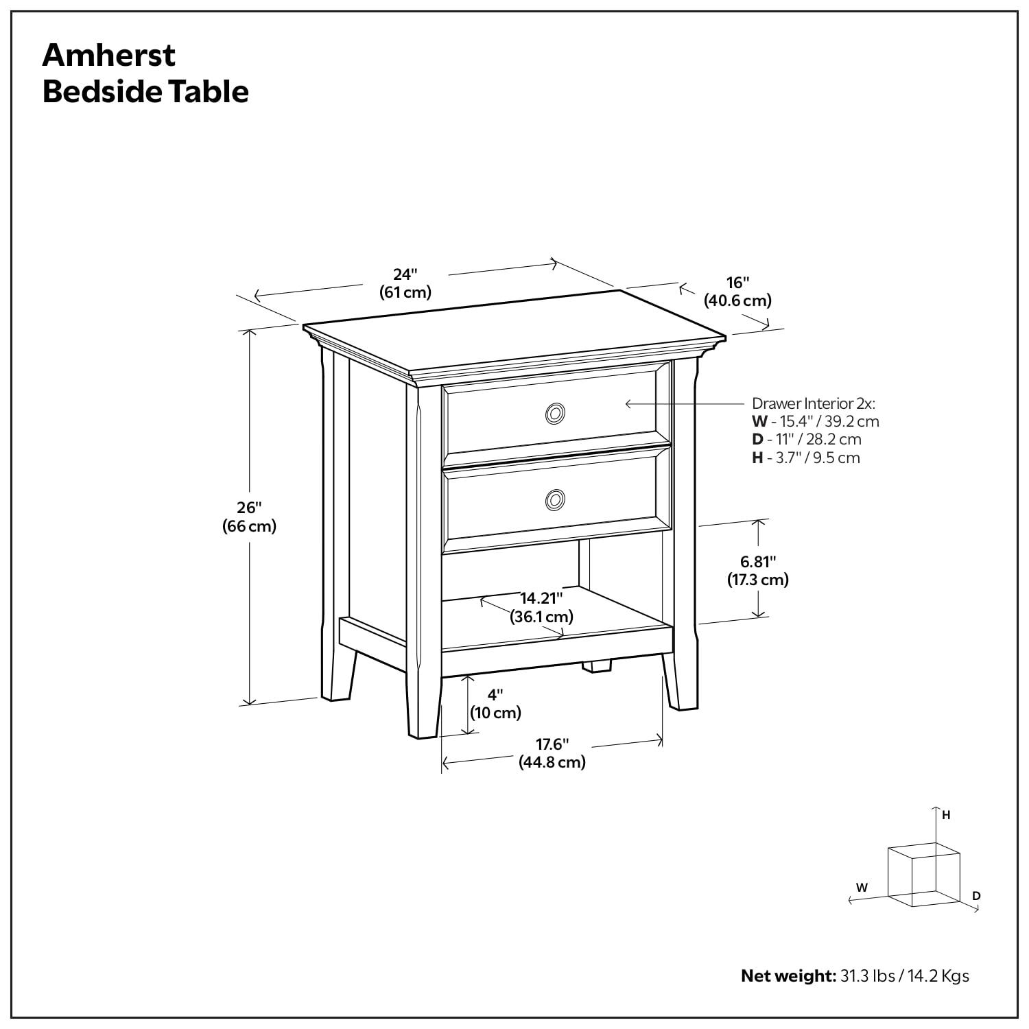 Simpli Home Amherst 24"W 2-Drawer Solid Wood Nightstand with Open Shelf