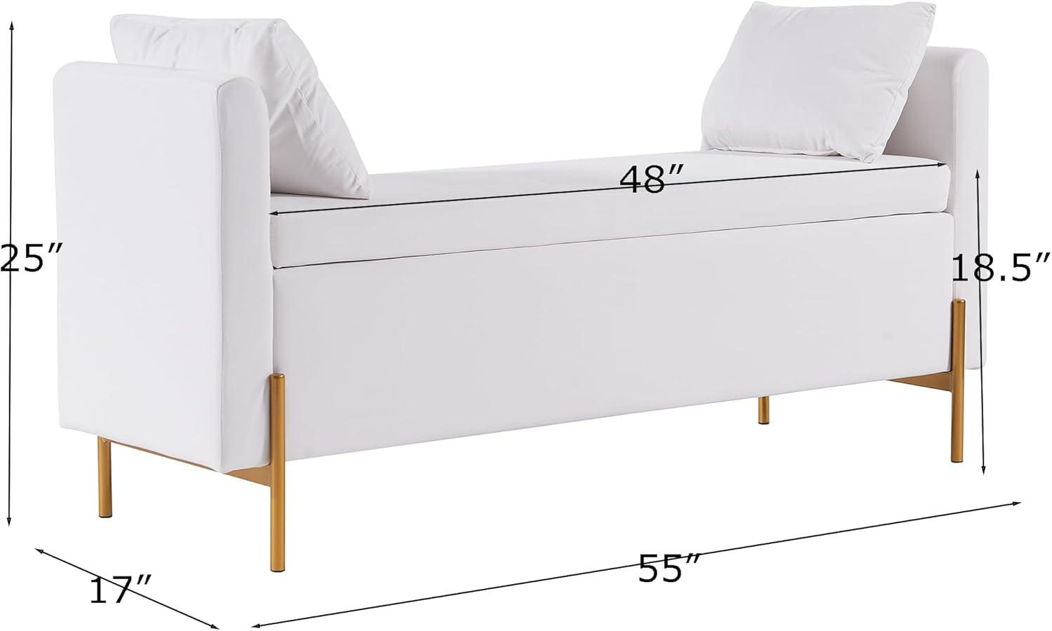 Ivory Upholstered Storage Bench with Pillows and Metal Legs