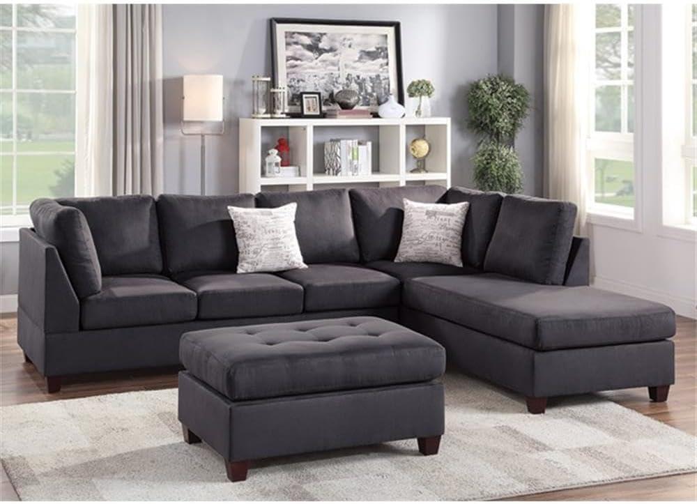 Maykoosh African Adventure 3 Piece Fabric Sectional Sofa Set with Ottoman in Ebony Gray