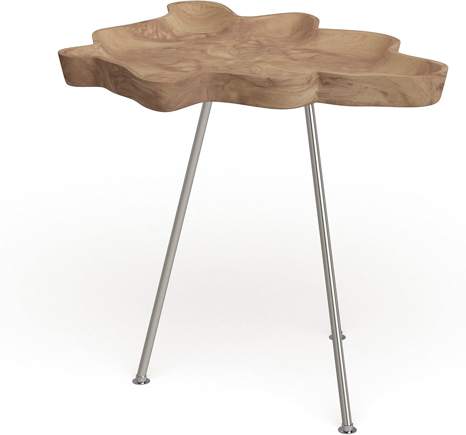 DecMode 27" x 22" Brown Teak Wood Live Edge Top Accent Table with Silver Metal Tripod Legs, 1-Piece