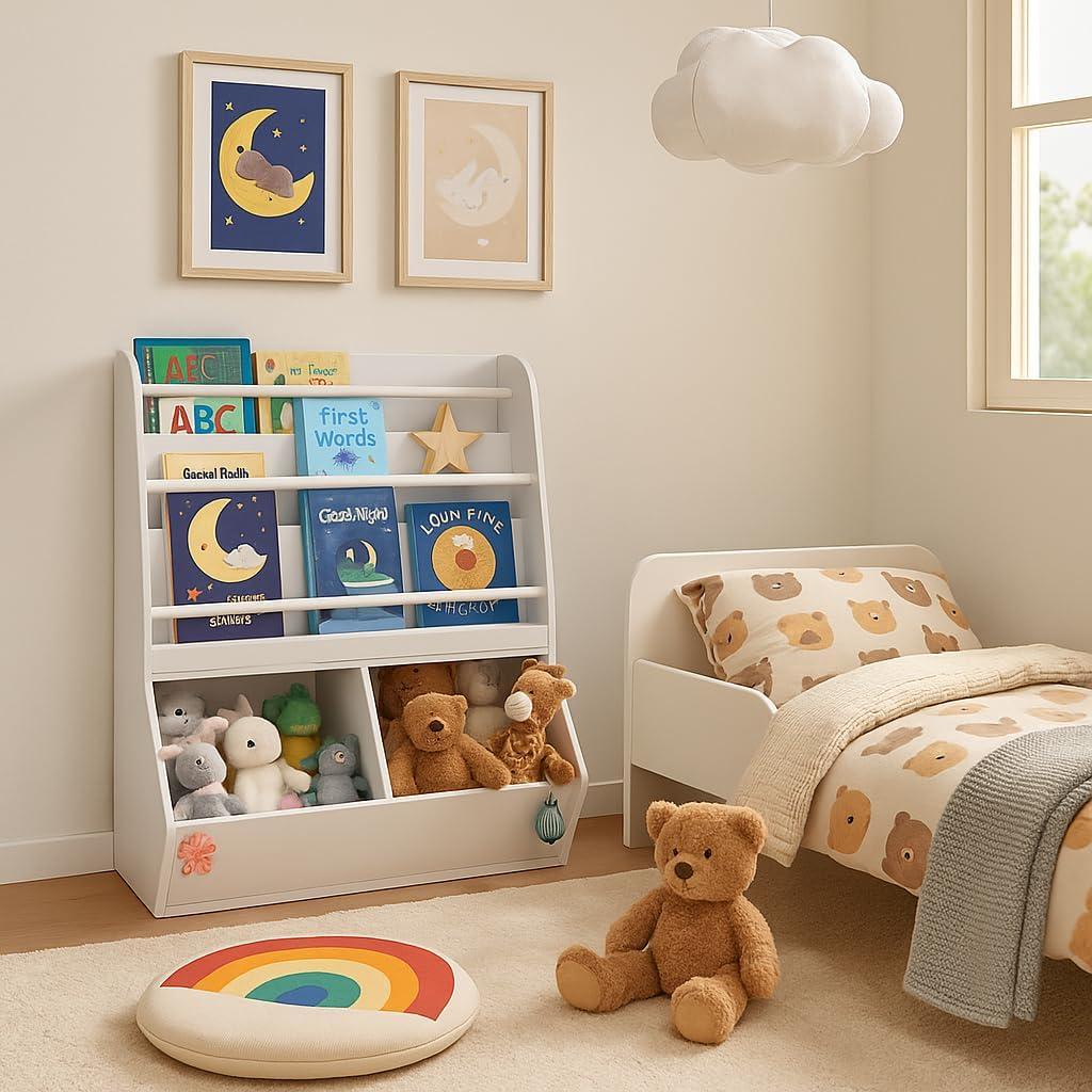 UTEX Kids Bookshelf Toy Organizer with Rolling Toy Box, White, 23.62” W x 11.8” D x 35.43” H