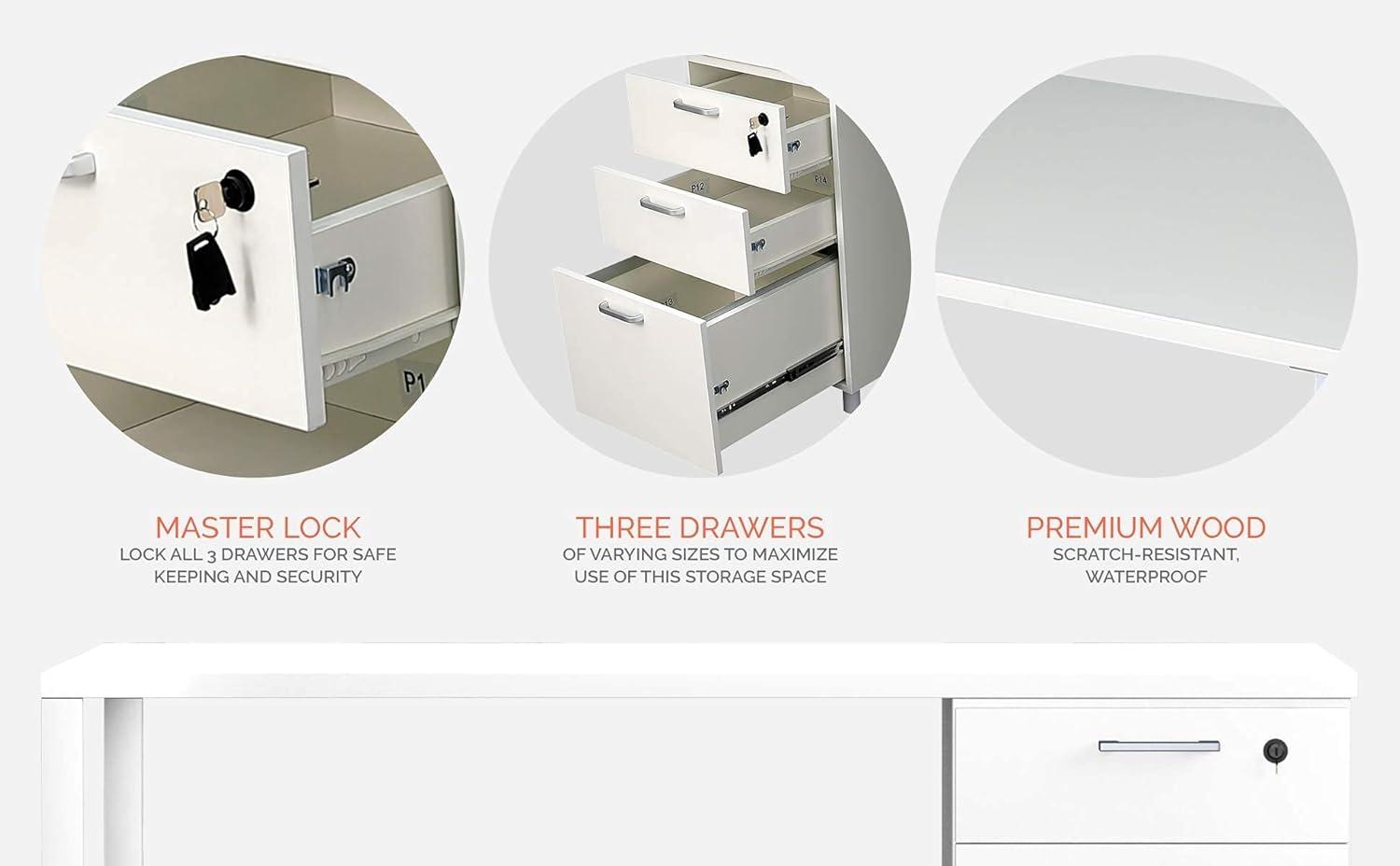 Modern Designs by Crafts and Comfort Milano Modern Home & Office Computer Desk - 47 Inch with 3 Locking Drawers - Wooden Study Writing Desk with Storage Space - White