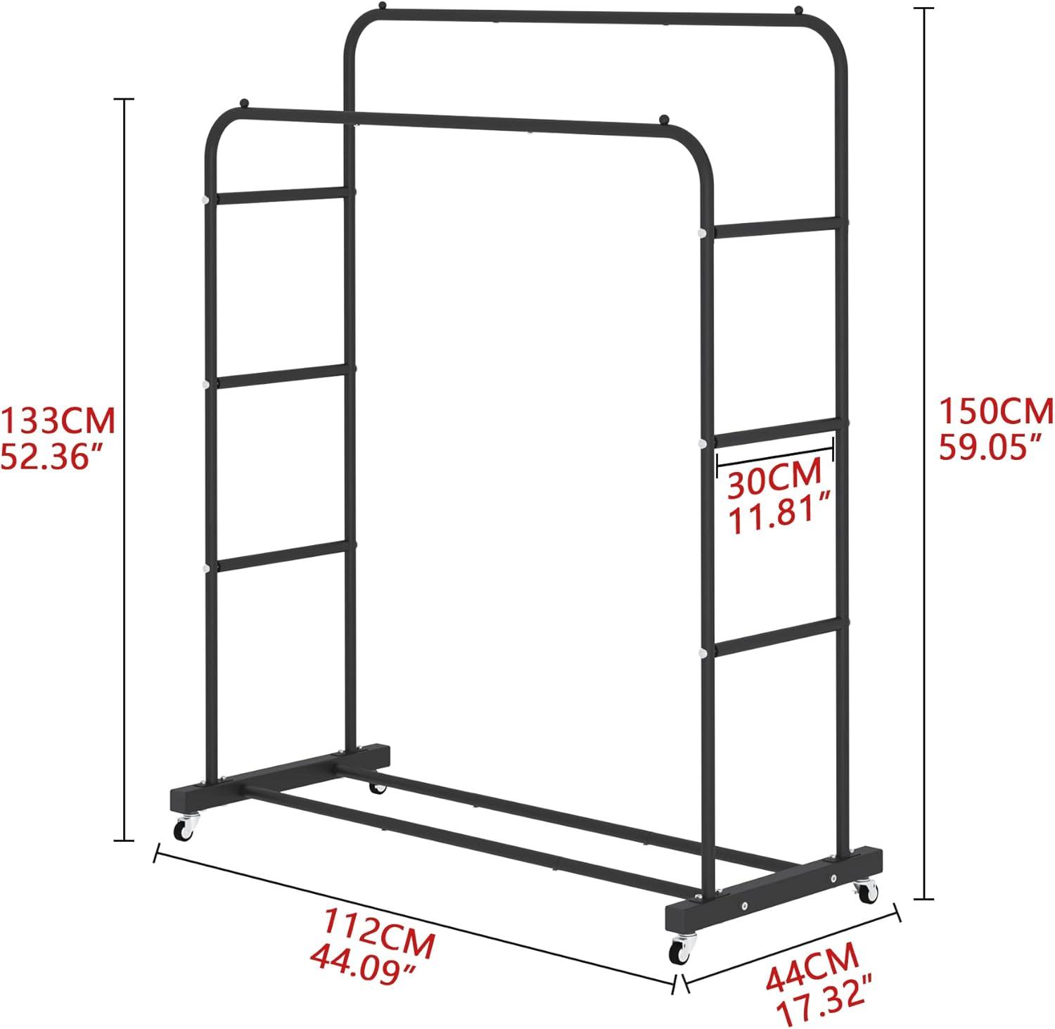 Black Double Rods Portable Clothing Rack with Wheels