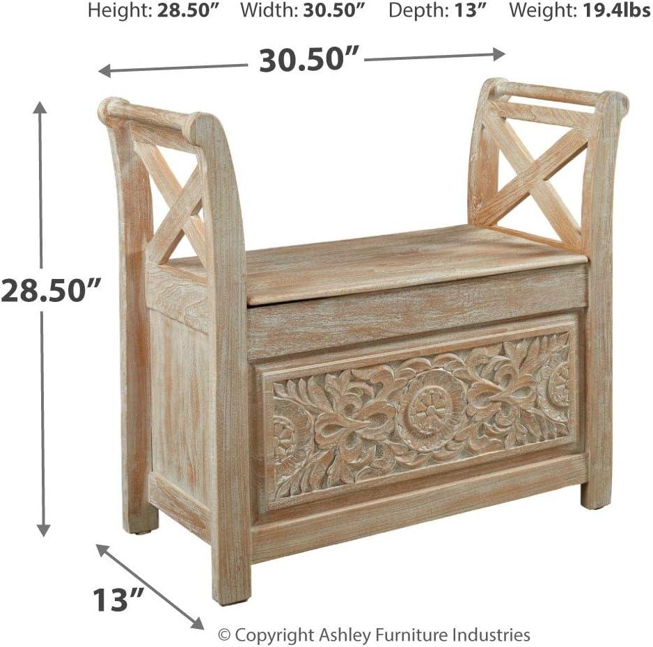 Fossil Ridge Accent Bench Whitewash - Signature Design by Ashley: Modern Storage Ottoman, Entryway Furniture