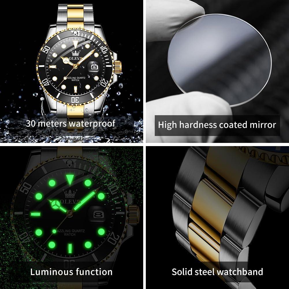 OLEVS Men Watch,Big Dial Watches for Men Stainless Steel Watch with Day Waterproof Analog Quartz Watches for Man Classic Business Wristwatch Luxury Luminous Round for Men Rotatable Bezel Watch