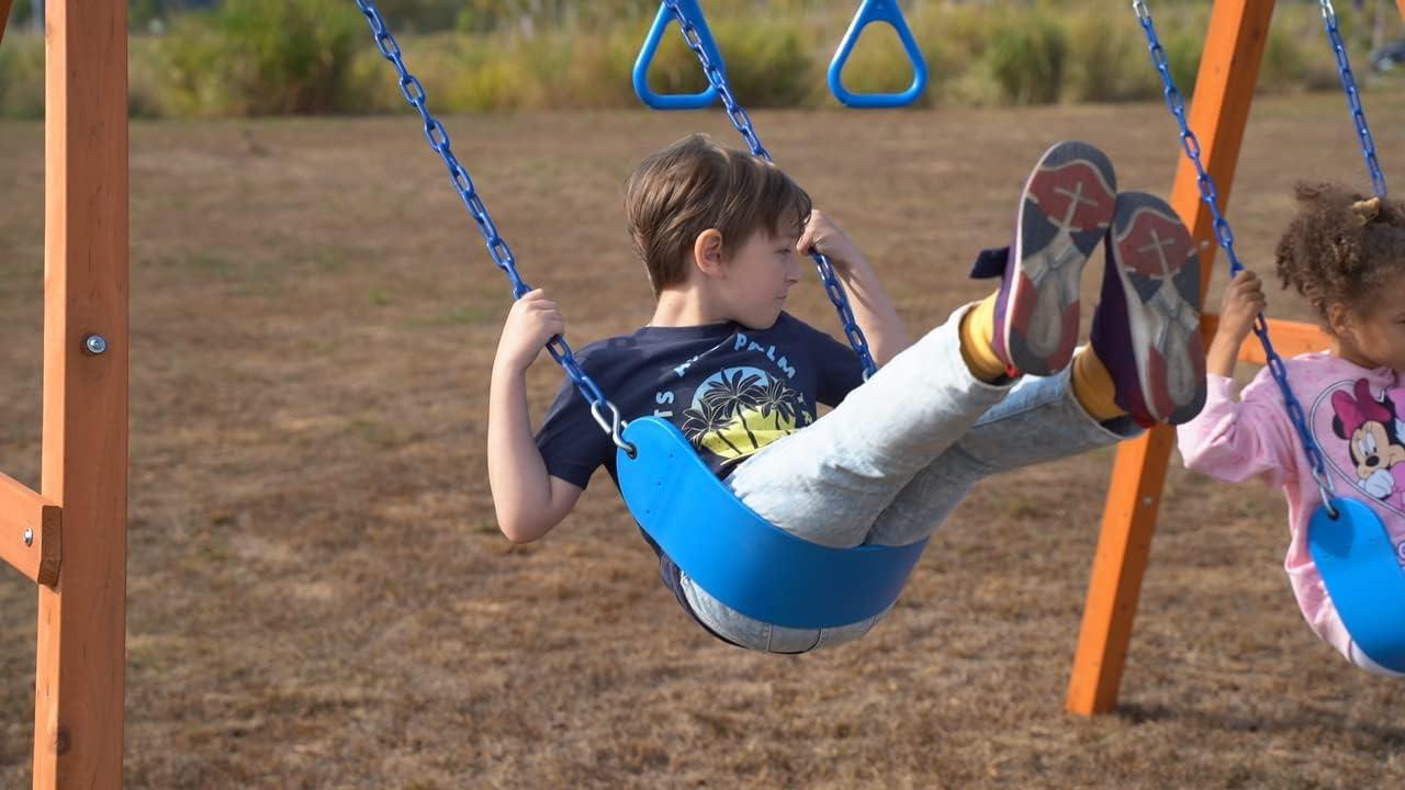 Dolphin Playground Wooden Swing Sets for Backyard, Family DIY Kit for Any Swings, Outdoor Playset for Kids with Trapeze Swing Bar and 2 Belt Swings, Heavy Duty Playground Accessories, Ages 3-10