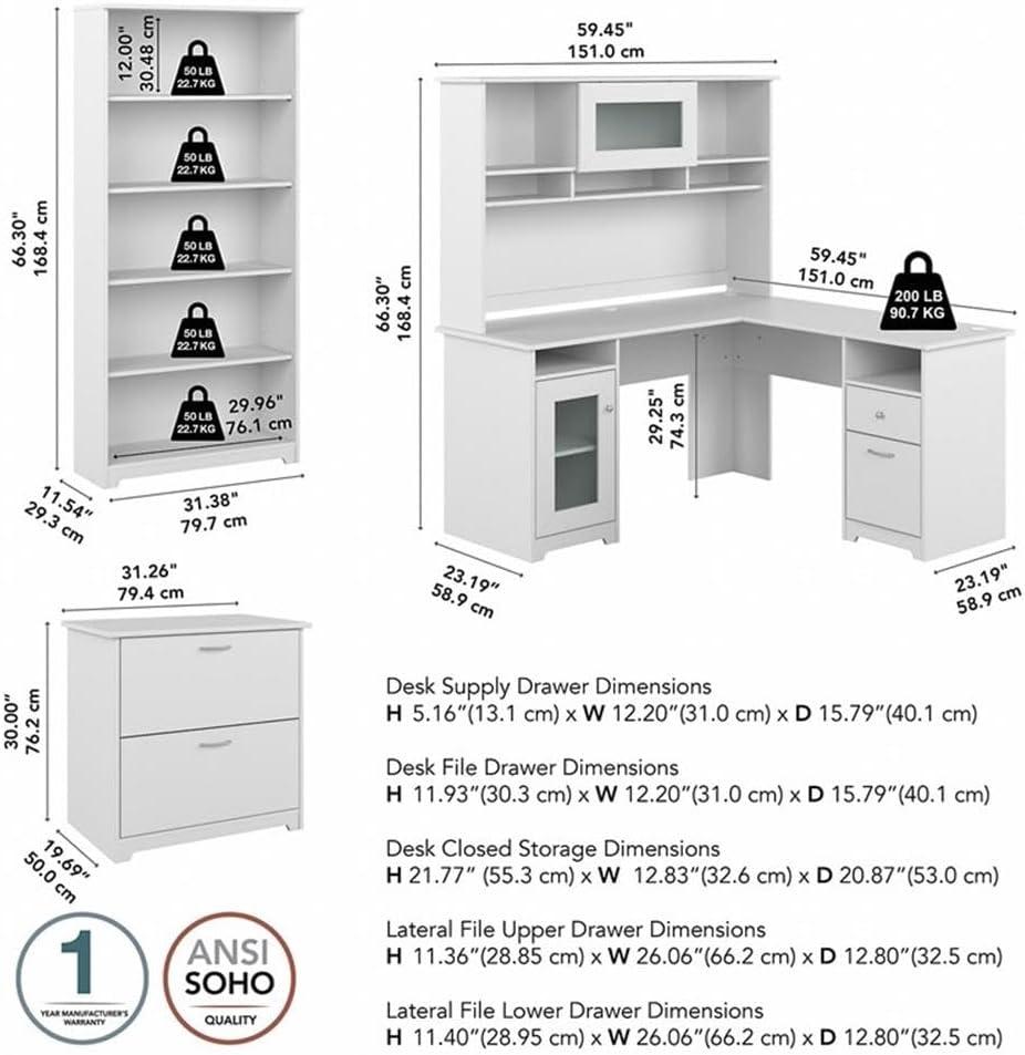 Cabot 60W L Shaped Computer Desk with Storage Set in White - Engineered Wood