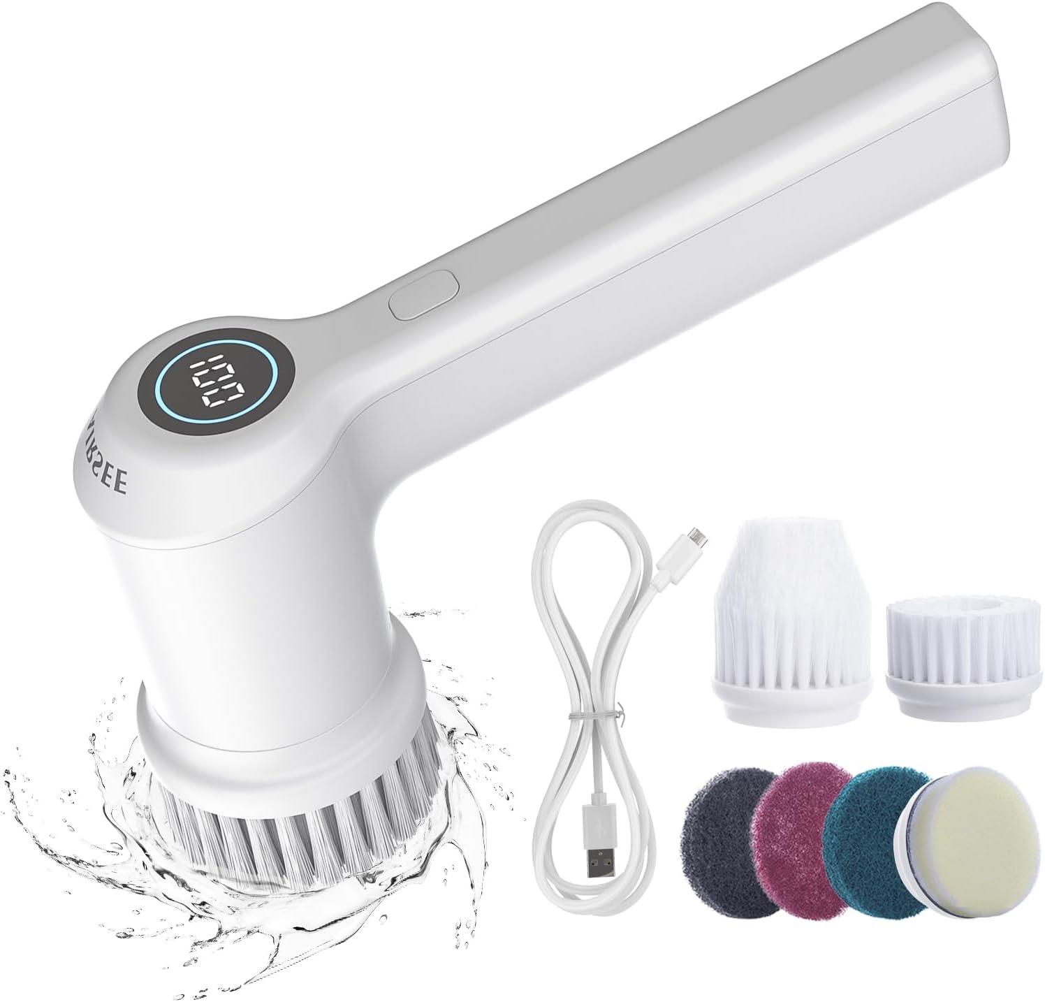 AIRSEE Cordless Electric Spin Scrubber, Handheld Power Shower Cleaner Brush, 2 speeds, 6 Replaceable Brush Heads for Cleaning Floor, Window, Bathroom, Kitchen, for Elderly & Busy Family