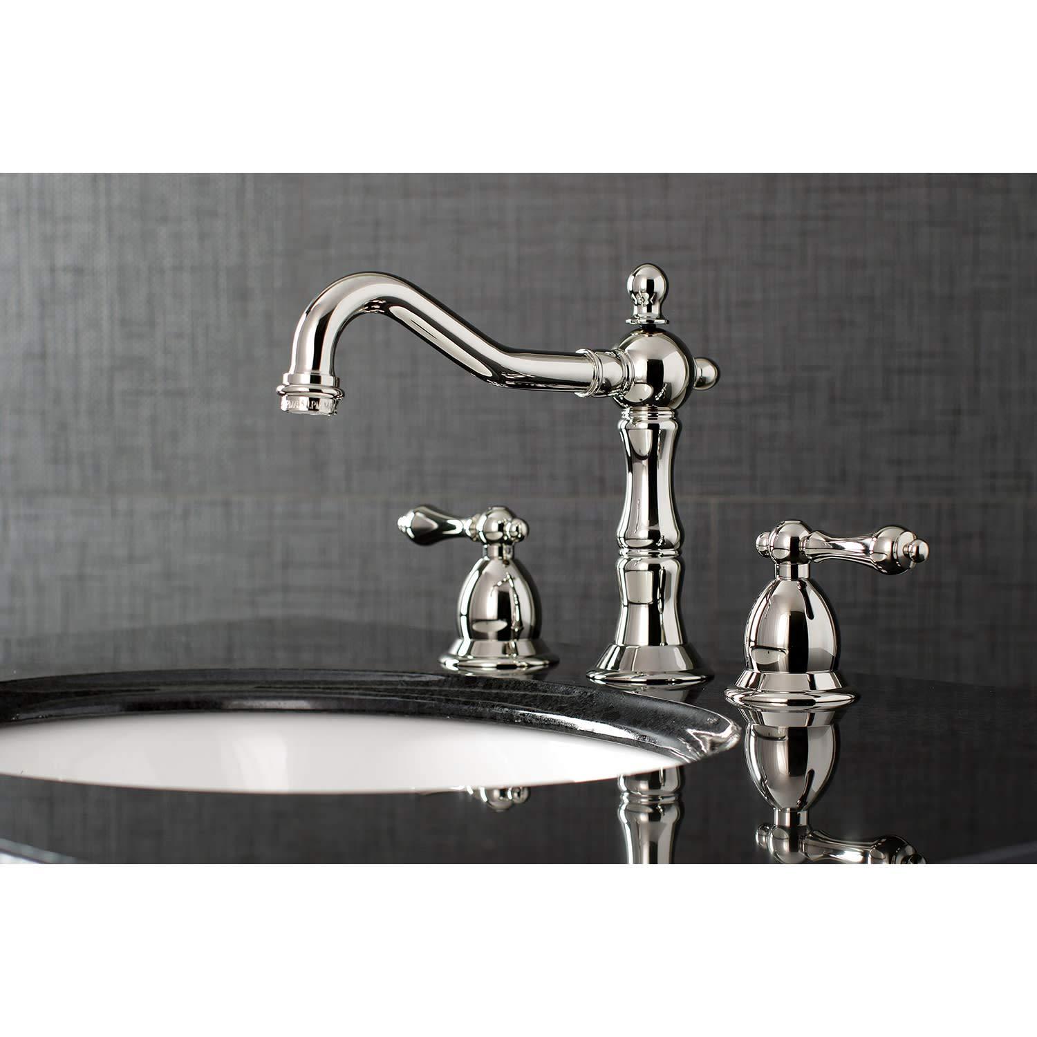 Kingston Brass Heritage Two-Handle 3-Hole Deck Mount Widespread Bathroom Faucet with Brass Pop-Up Drain