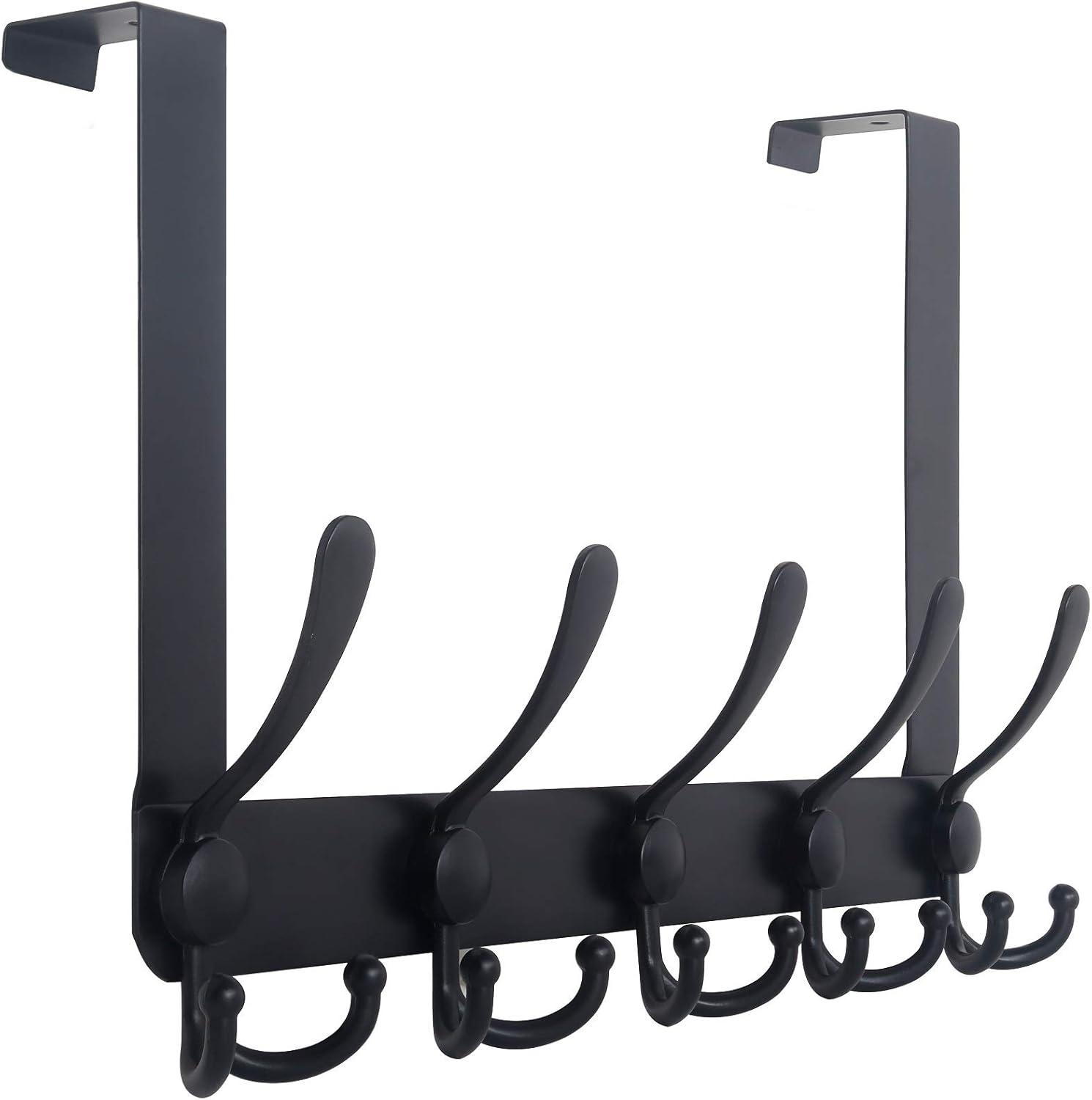 WEBI Over The Door Hook,Door Hanger Hook Rack with 5 Tri Hooks for Hanging Coats,Over Door Towel Rack Door Coat Towel Hanger Door Coat Rack for Bathroom,Behind Back of Door,Black