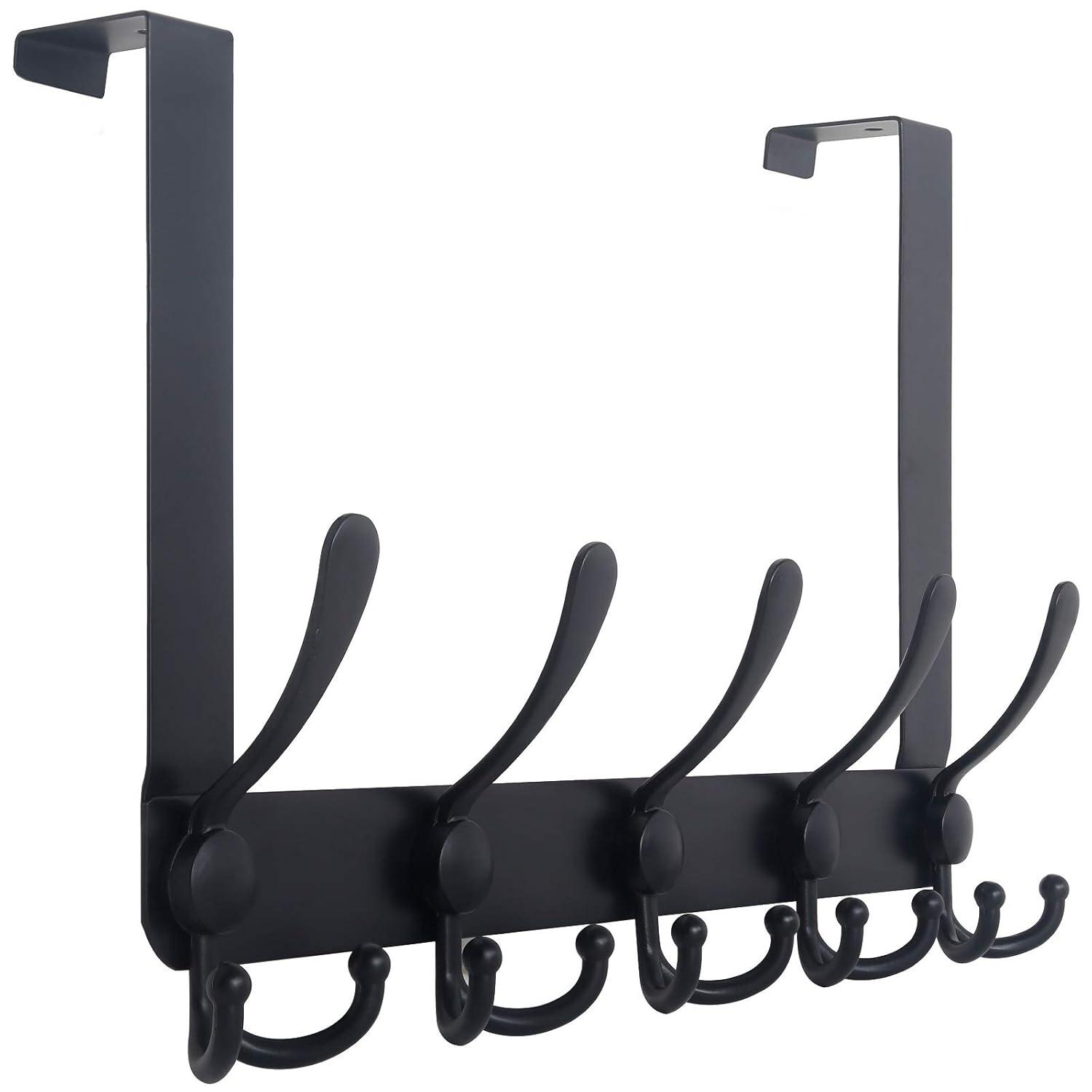 WEBI Over The Door Hook,Door Hanger Hook Rack with 5 Tri Hooks for Hanging Coats,Over Door Towel Rack Door Coat Towel Hanger Door Coat Rack for Bathroom,Behind Back of Door,Black