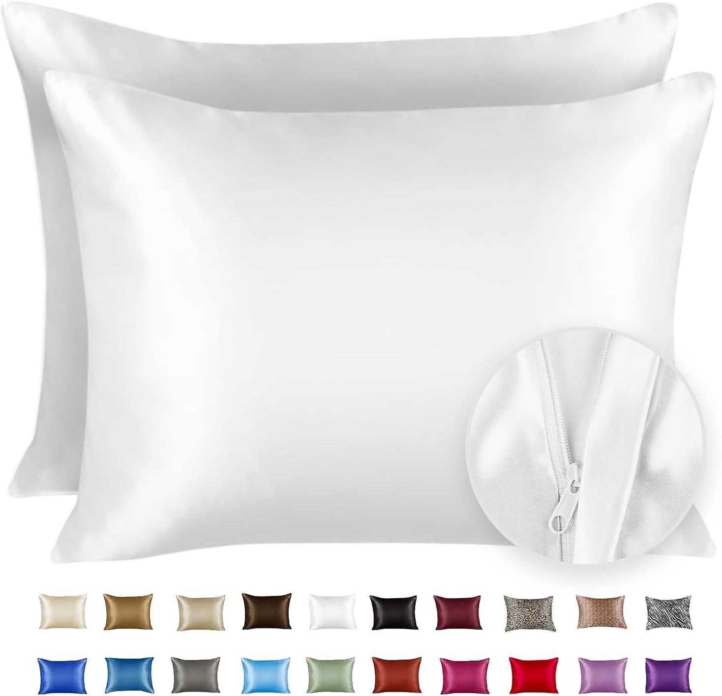 Blissford Luxury White Satin Pillowcase with Zipper Closure, Standard 2-Pack