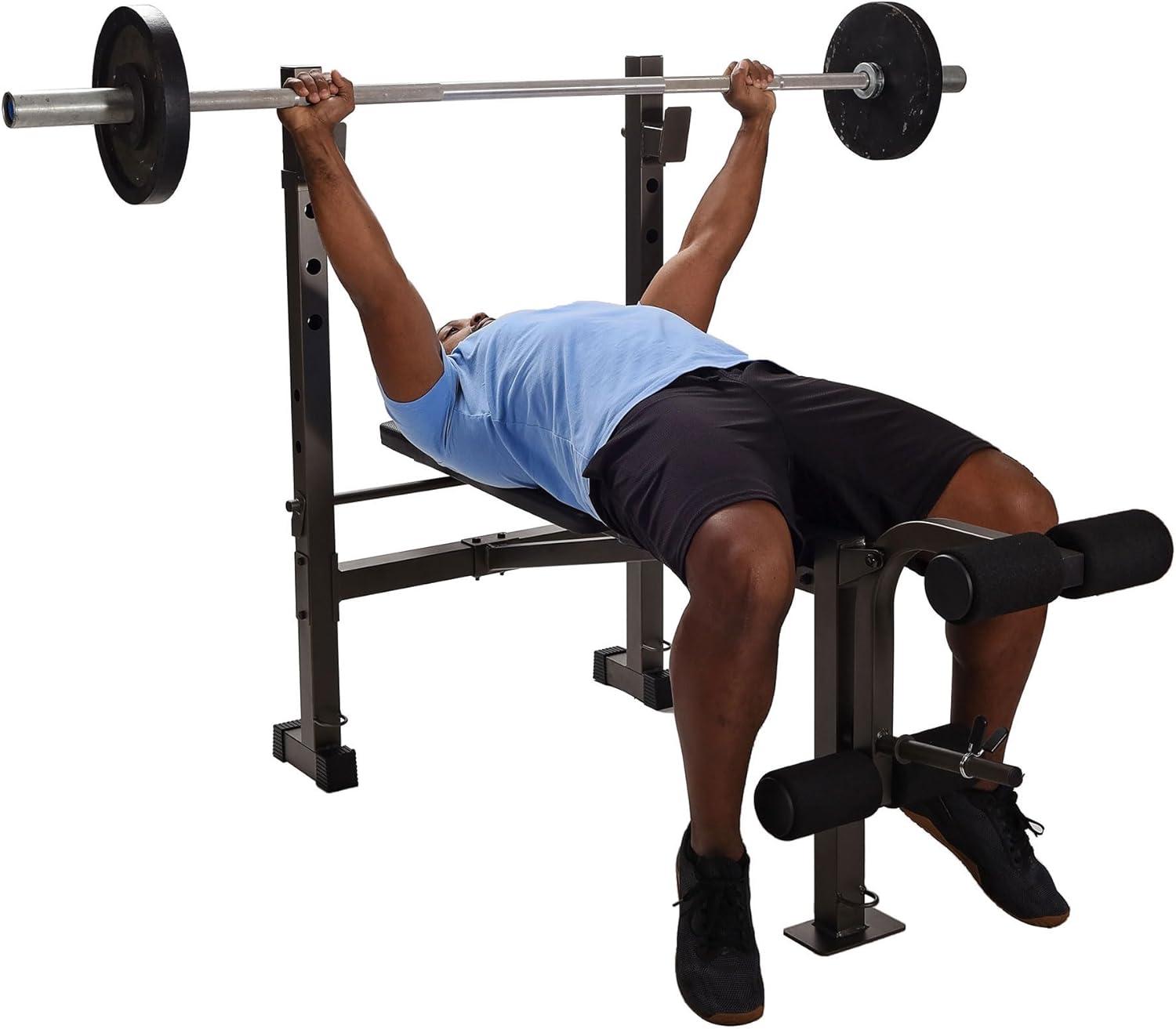 Stamina Adjustable Steel Weights Bench and Barbell Rack Combo Set with Resistance Band Anchor Points for Home Gym Workout or Exercise Equipment, Black