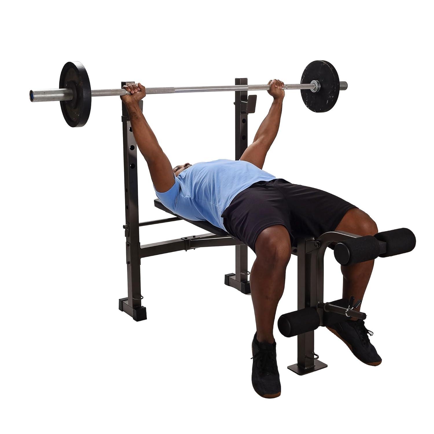 Stamina Adjustable Steel Weights Bench and Barbell Rack Combo Set with Resistance Band Anchor Points for Home Gym Workout or Exercise Equipment, Black