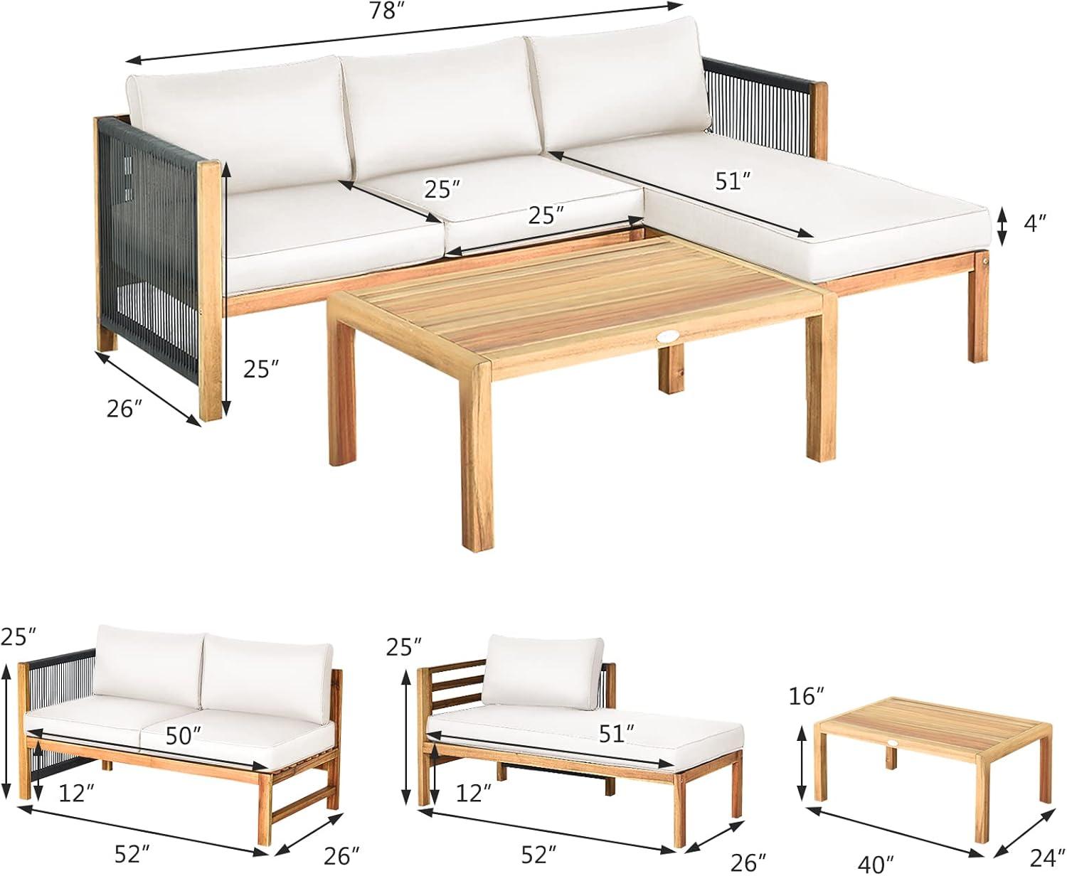 Topcobe 3 Piece Patio Acacia Sofa Set with Nylon Armrest, Outdoor Furniture, White