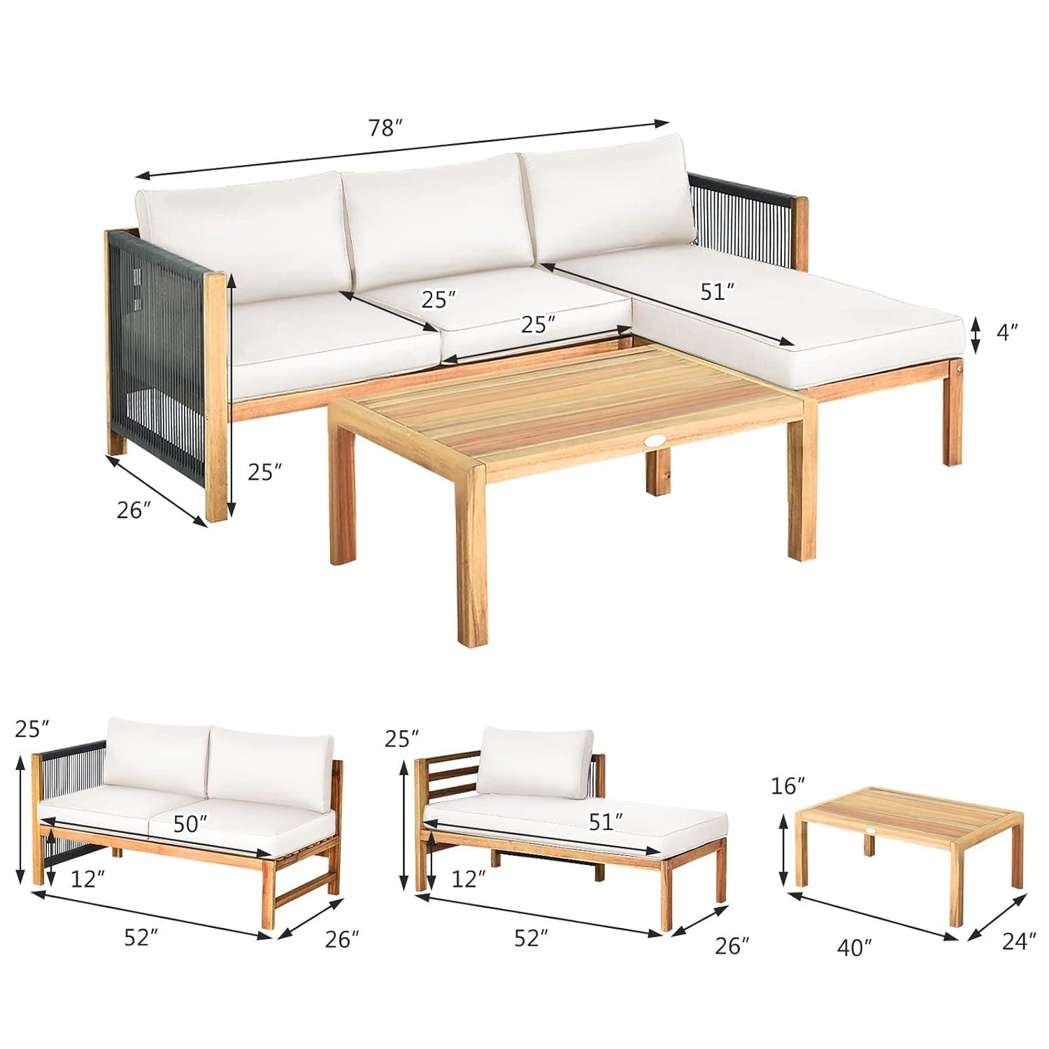 Topcobe 3 Piece Patio Acacia Sofa Set with Nylon Armrest, Outdoor Furniture, White