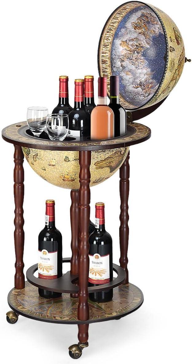 Wine Bar Stand Italian Wooden Globe Wine Rack Liquor Bottle Shelf, Retro Wine Cupboard with Wheels, White