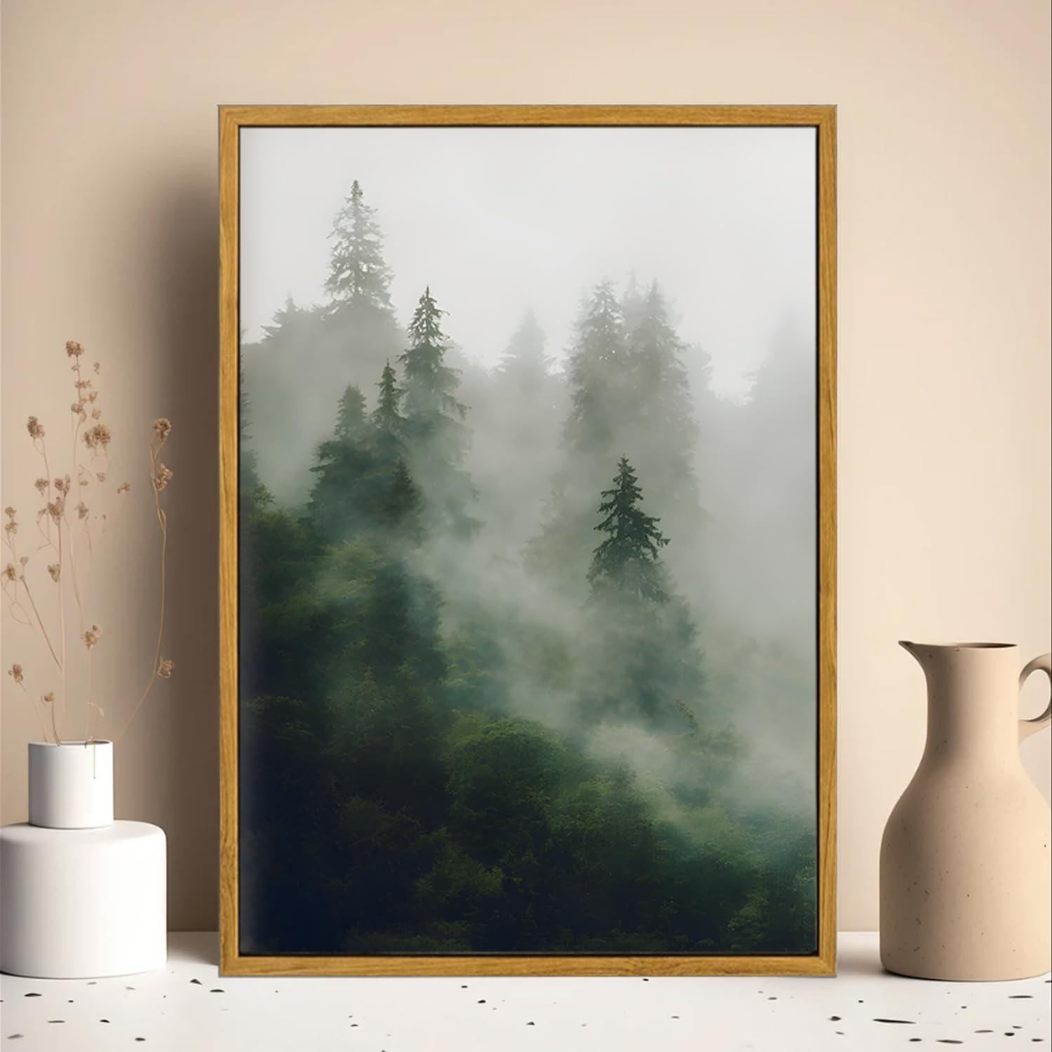 Misty Forest Landscape Green Pine Tree Nature Modern Pictures Framed Canvas 3 Pieces Print Wall Art