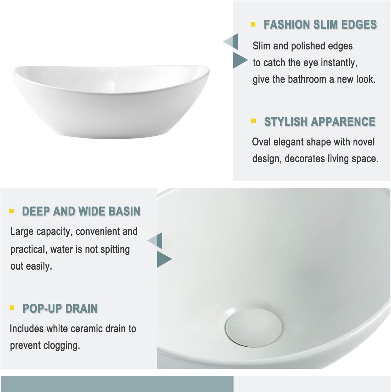 Bathivy Oval Vessel Sink, 14.6'' x 11.6'' Modern Above Counter Oval Bathroom Sink, Small White Porcelain Bathroom Vessel Sink with Pop Up Drain