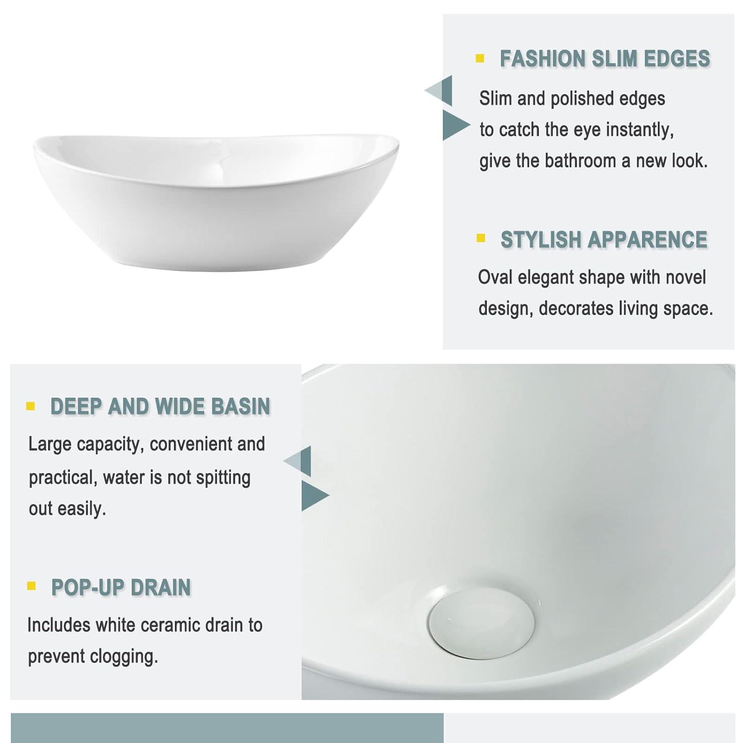 Bathivy Oval Vessel Sink, 14.6'' x 11.6'' Modern Above Counter Oval Bathroom Sink, Small White Porcelain Bathroom Vessel Sink with Pop Up Drain