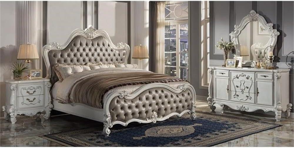 Versailles Vintage Gray Queen Bed with Tufted Upholstery and Nailhead Trim