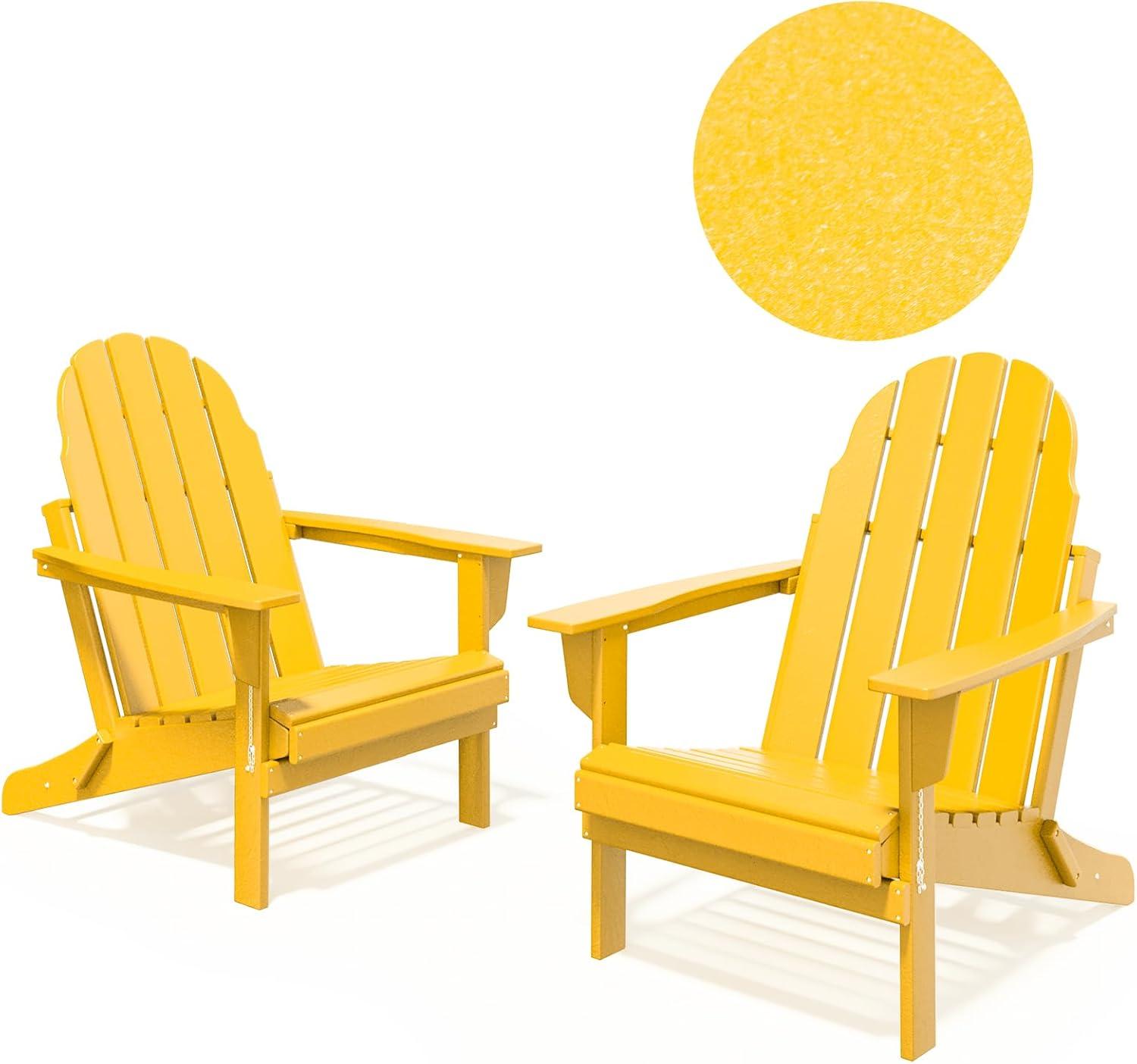 Folding Adirondack Chair - Durable HDPE Poly Lumber All-Weather Resistant, Foldable Oversized Balcony Porch Patio Outdoor Chair for Lawn, Backyard, Deck, Garden, Camping - Easy Installation, Yellow