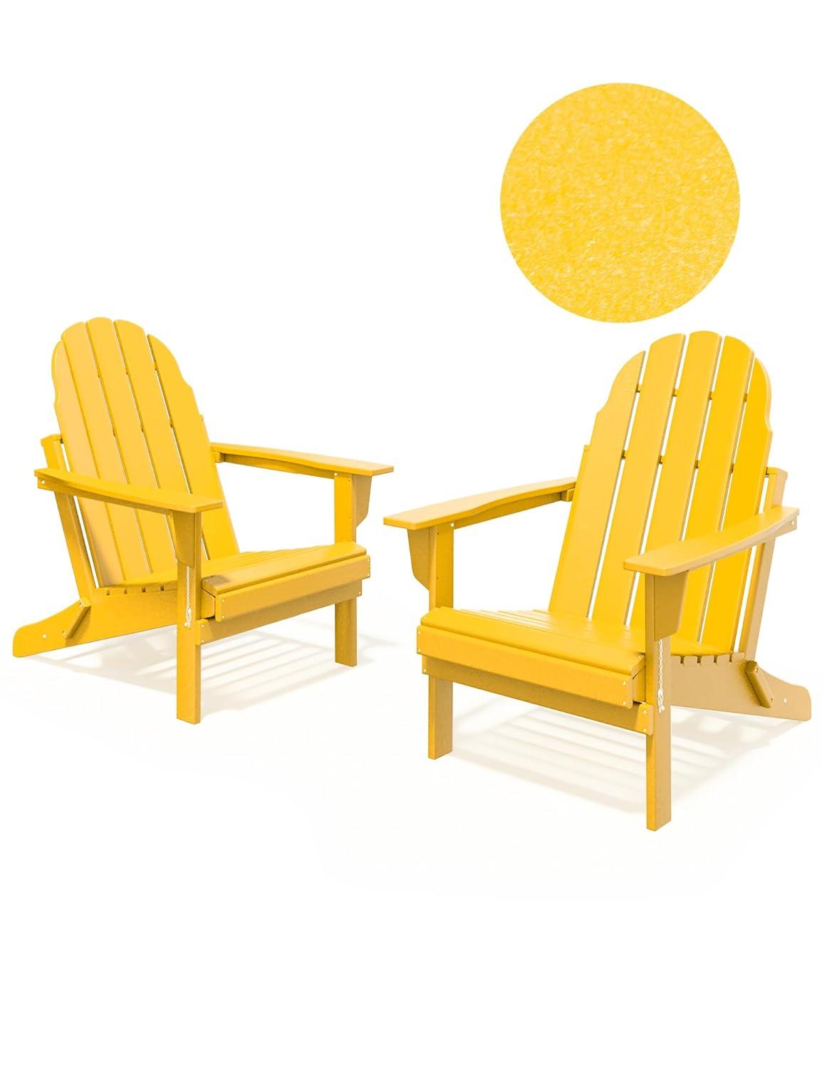 Folding Adirondack Chair - Durable HDPE Poly Lumber All-Weather Resistant, Foldable Oversized Balcony Porch Patio Outdoor Chair for Lawn, Backyard, Deck, Garden, Camping - Easy Installation, Yellow