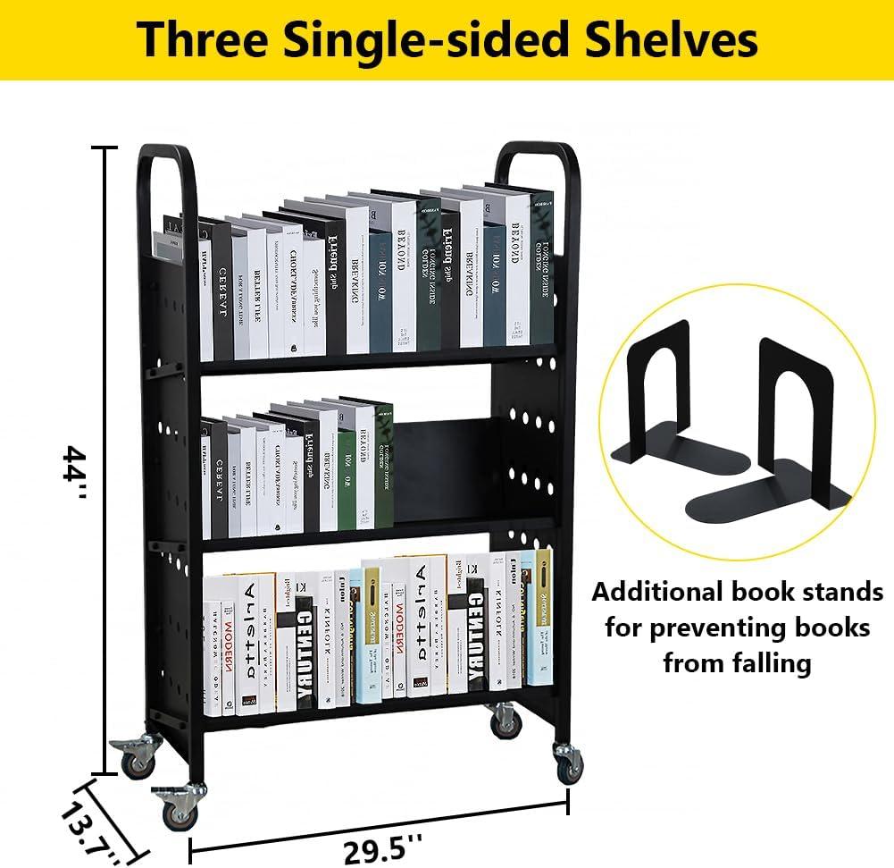 Book Cart, 44'' x 29.5'' x 13.7'' Single Sided V-Shaped Library Book Cart, 200LBS Weight Capacity Library Cart with Four Wheels for Home, Office, School, Book Truck in Black