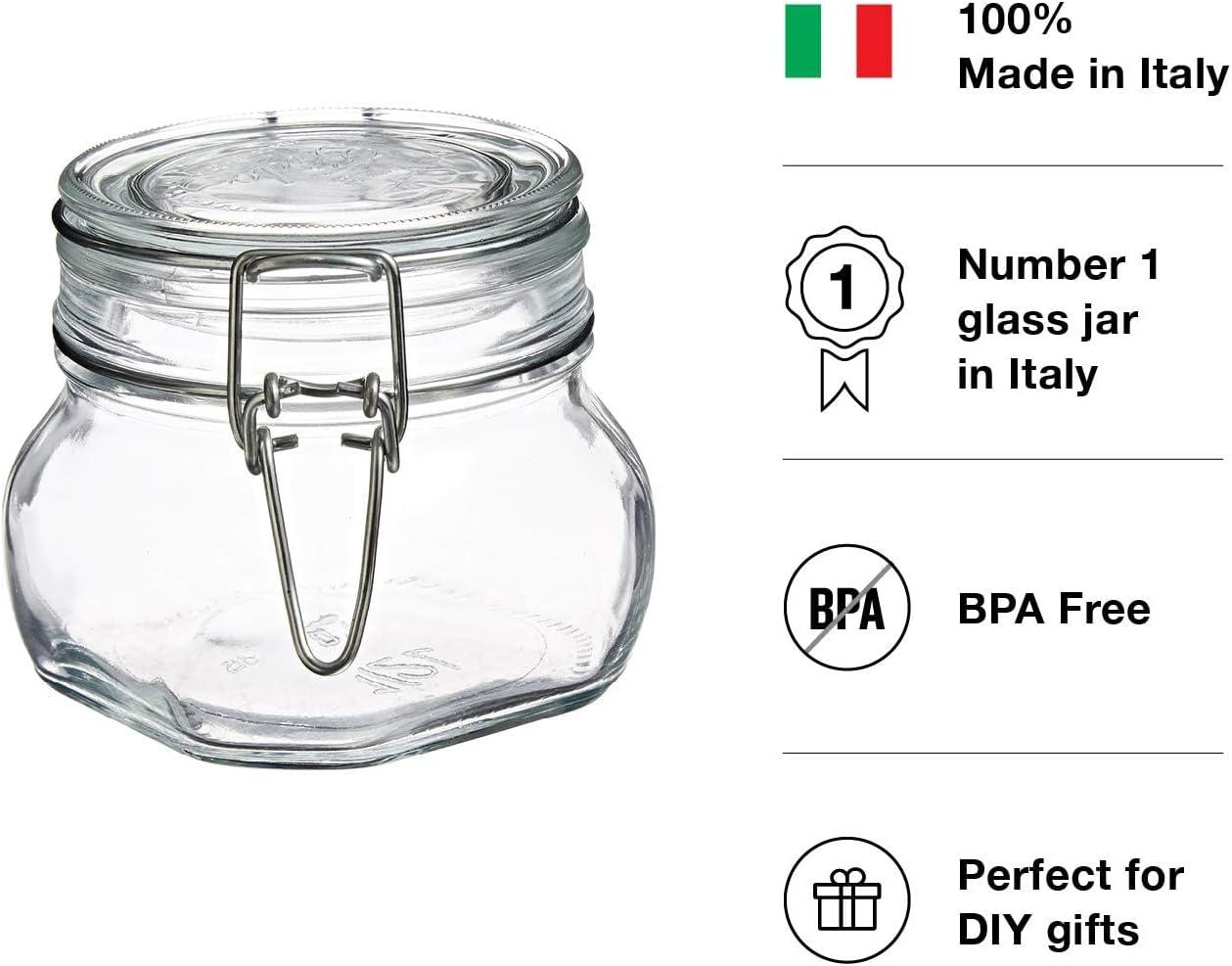 Bormioli Rocco Fido Glass Jar - 17.5 oz Airtight Container with Clamp Lid & Rubber Seal, BPA-Free Italian Jar for Meal Prep, Overnight Oats & Salads