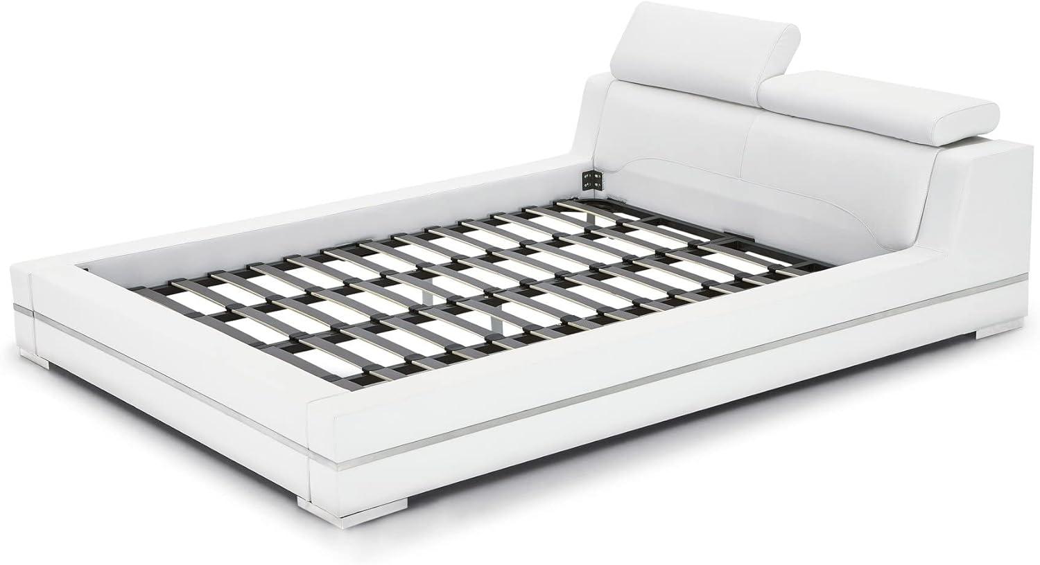 Hera White Leather Queen Platform Bed with Adjustable Headrests