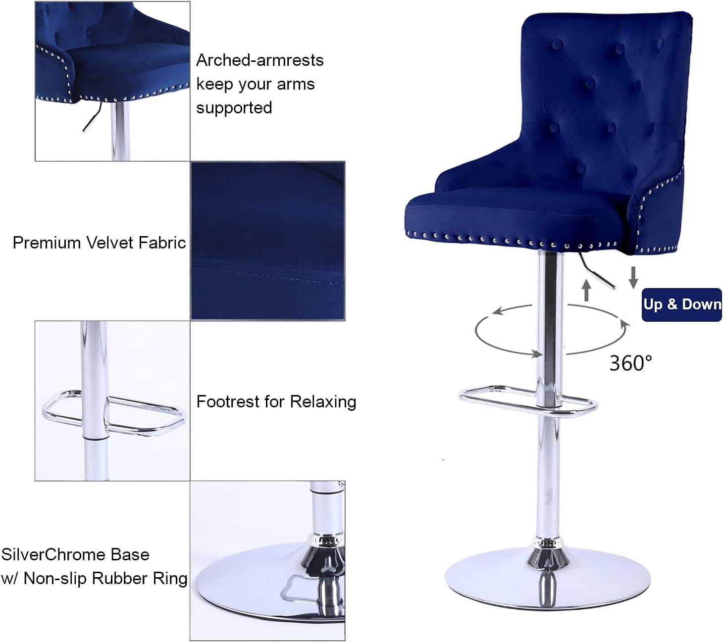 Alexent 43.7"-51.6" Adjustable Swivel Velvet Bar Stools in Navy (Set of 2)