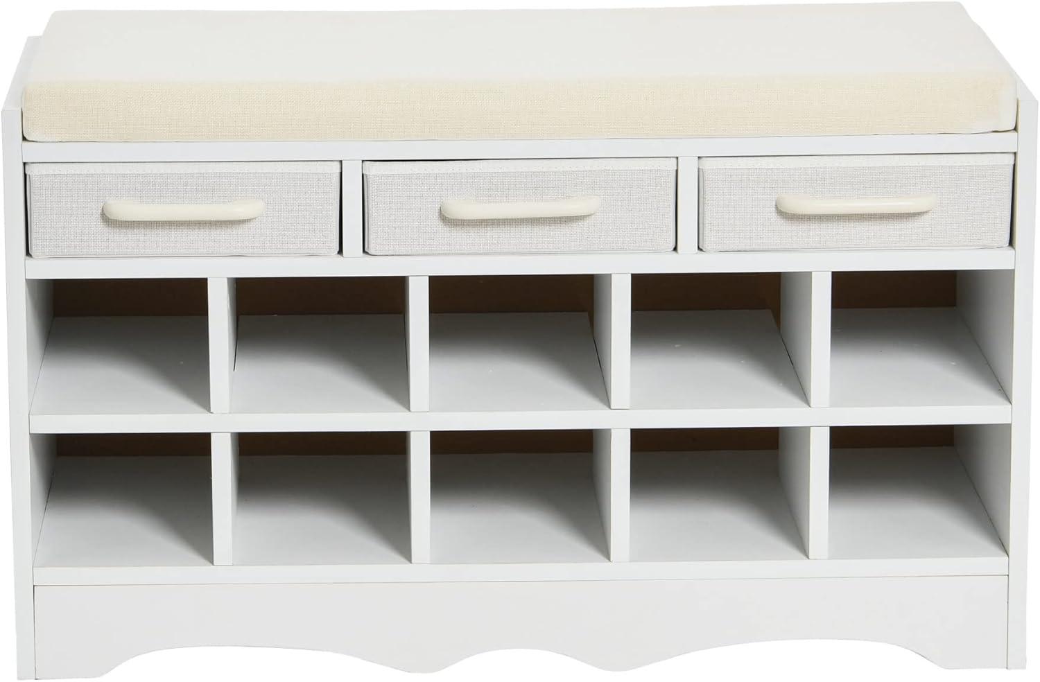 Entryway Storage Bench with 3 Drawers, 10 Shoe Compartments and Cushioned Seat