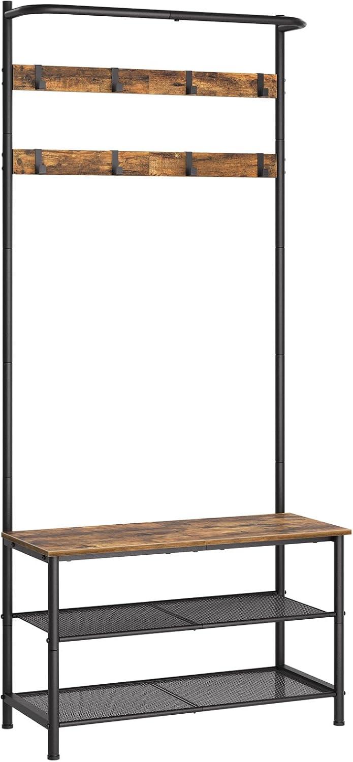 VASAGLE Hall Tree Entryway Coat Rack with Shoe Bench Rustic Walnut and Black