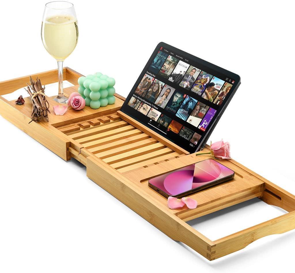 Luxury Foldable Bathtub Tray Caddy - Waterproof Wooden Bath Organizer for Wine, Book, Soap, Phone - Expandable Size Fits Most Tubs