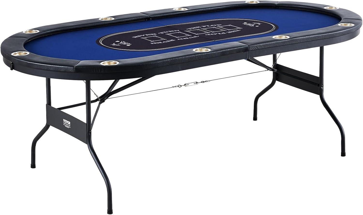 VEVOR 10 Player Poker Table Foldable, Portable Folding Card Board Game Table, Blackjack Texas Holdem Table with Padded Rails and Stainless Steel Cup Holders,Blue (84 in), Casino Leisure Table