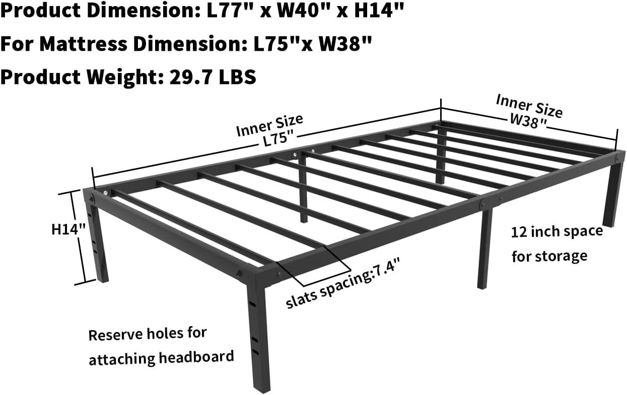 Mavesmog 14 inches Twin Size Bed Frames, Metal Twin Size Modern Mattress Platform Metal Bed Frame