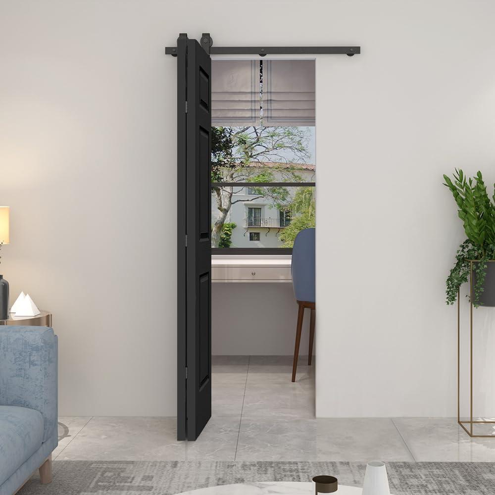 36 in. x 80 in. Black MDF Bi-Fold Barn Door with Hardware