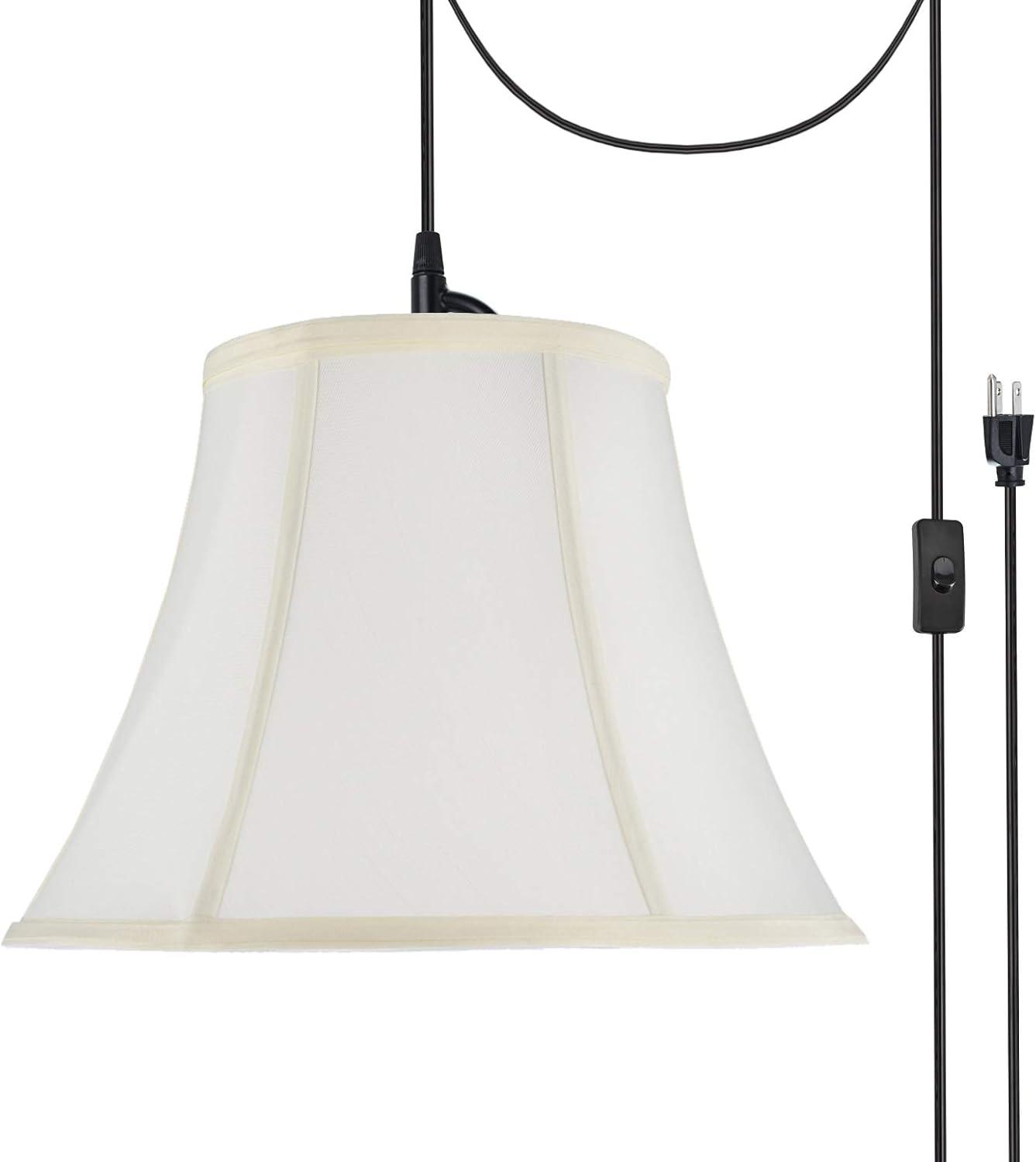 Aspen Creative 70216-21 One-Light Plug-In Swag Pendant Light Conversion Kit with Transitional Bell Fabric Lamp Shade, Off White, 13" width