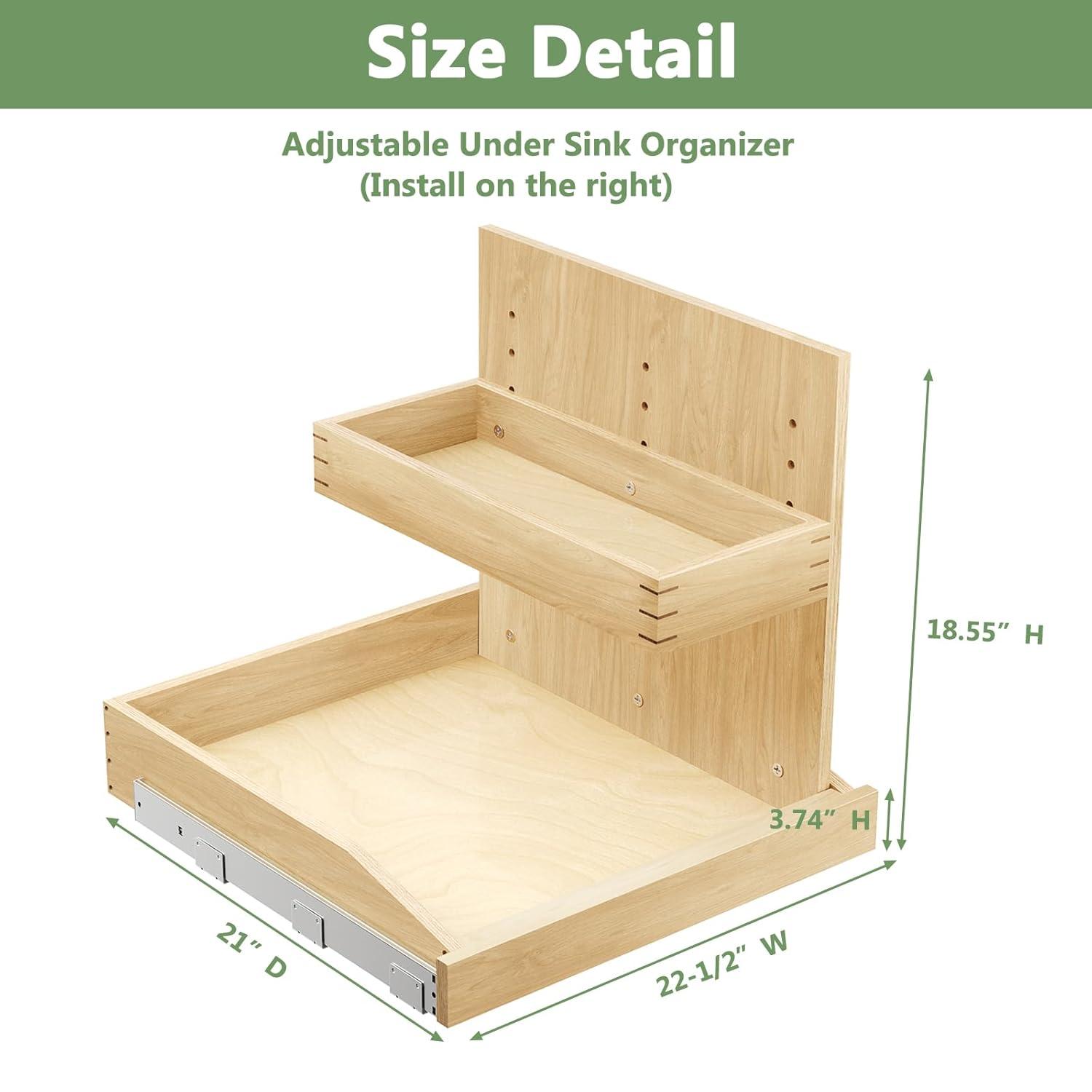 Under Sink Organizers 22½” W x 21” D, 2 Tier Pull Out Cabinet Organizer with Soft Close, Adjustable Multi-Purpose Under Sink Organizer, Right
