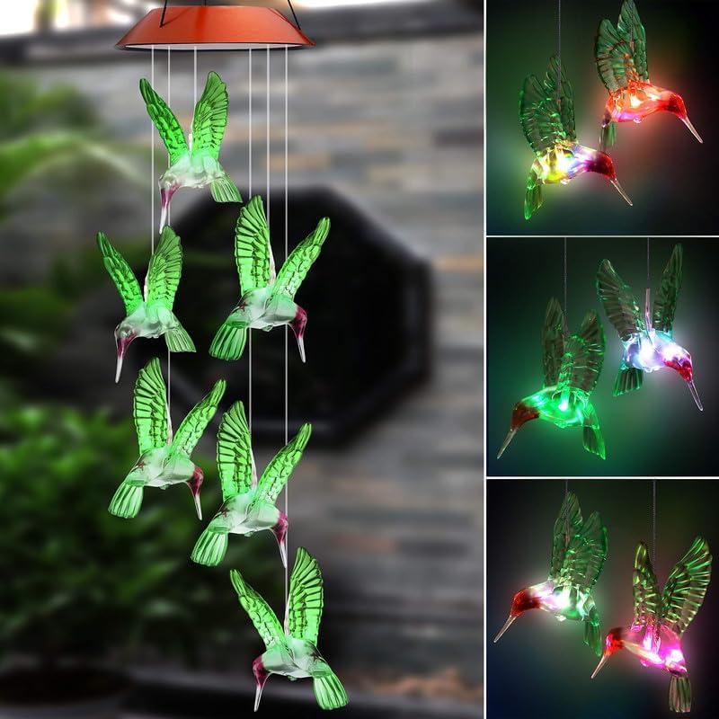 Solar Mobile Wind Chime with Color-Changing LED Lights - Waterproof Hummingbird Wind Chimes for Home, Party, Garden Decoration (Copper Board Hummingbird)