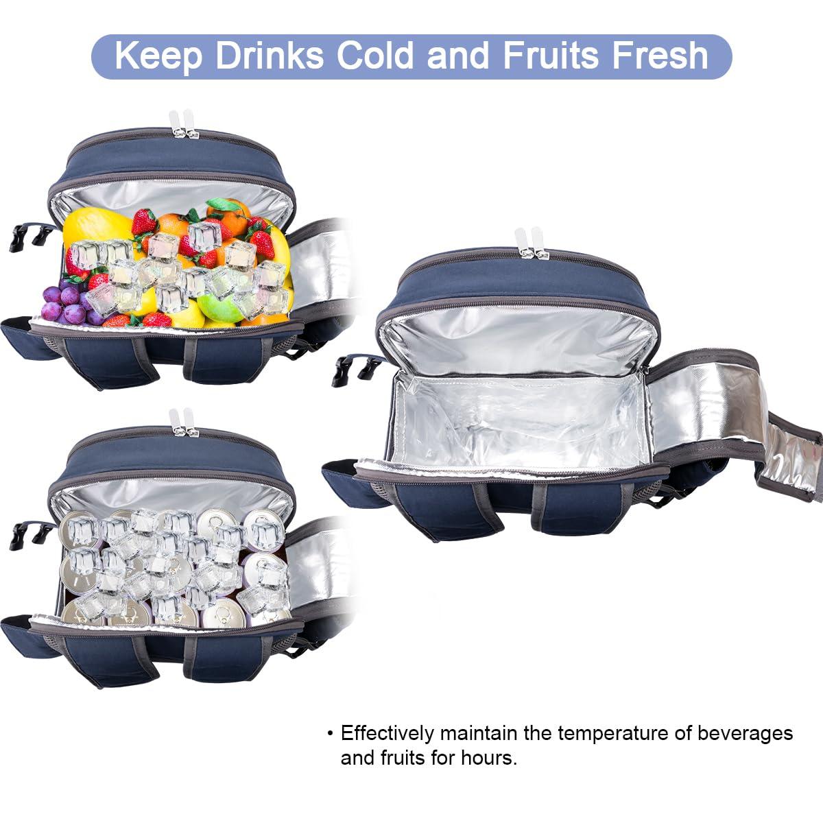 Navy Blue Cationic Fabric Picnic Backpack with Blanket and Insulated Cooler