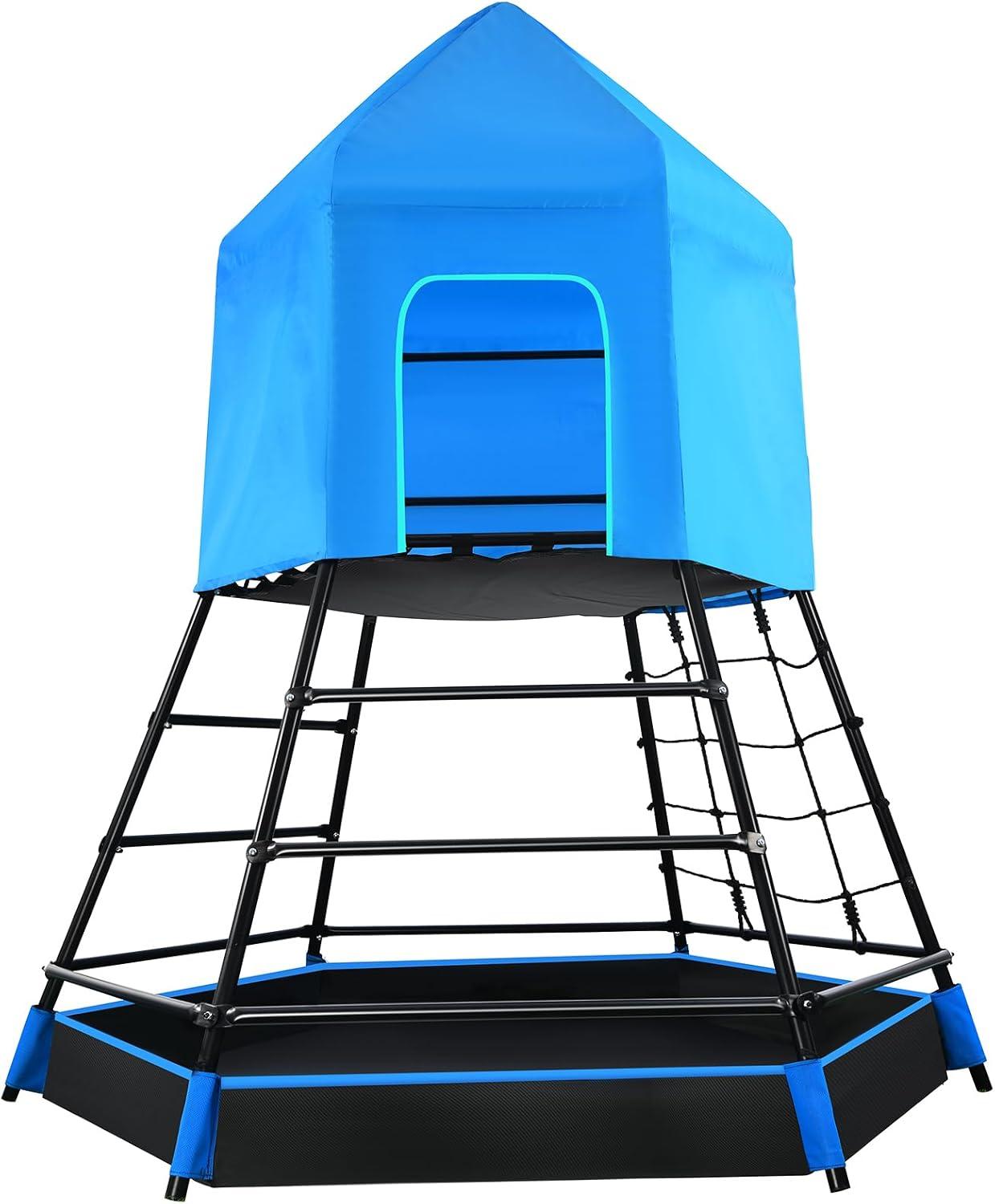 Blue Metal Climbing Jungle Gym with Fort and Tent