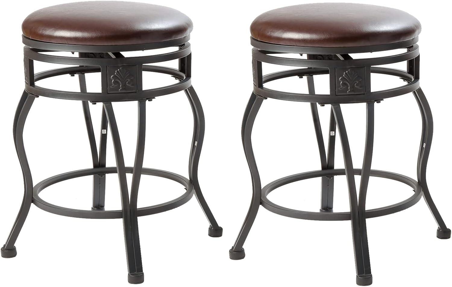eHemco Swivel Metal Kitchen Counter Height Barstool with Upholstered Faux Leather Seat, 24 Inches, Black, Set of 2